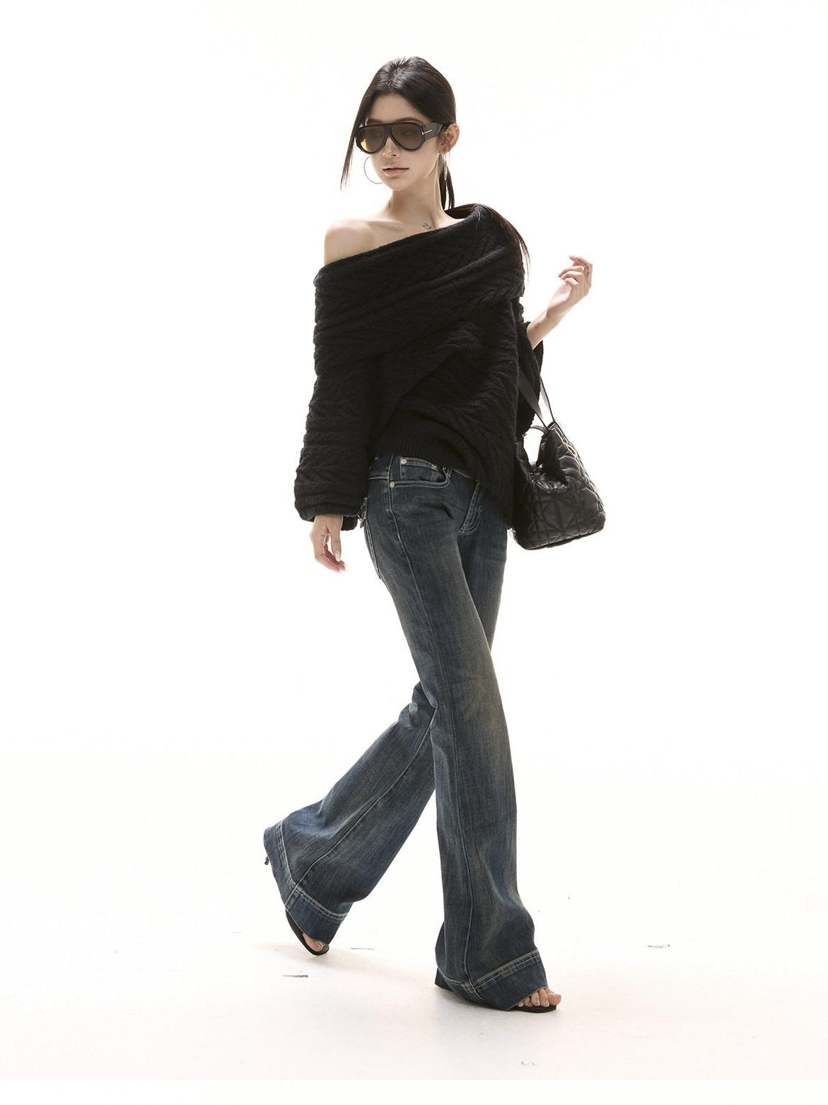 CrushOnit Thermal Street Loose Pleated Boat Neck Women Knit Pullover Black Sweaters