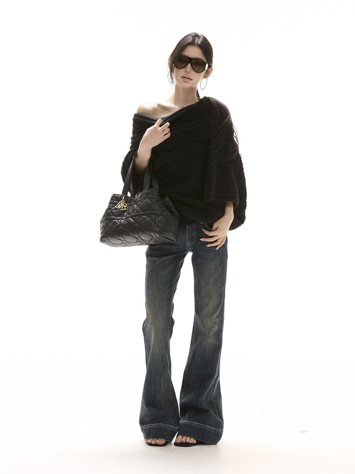 CrushOnit Thermal Street Loose Pleated Boat Neck Women Knit Pullover Black Sweaters