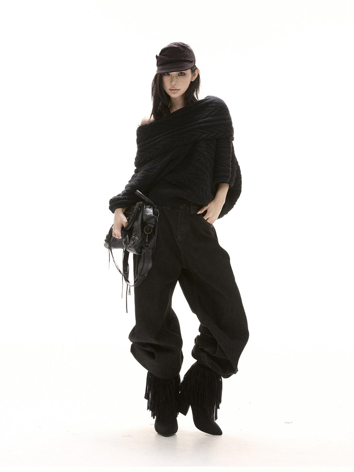 CrushOnit Thermal Street Loose Pleated Boat Neck Women Knit Pullover Black Sweaters