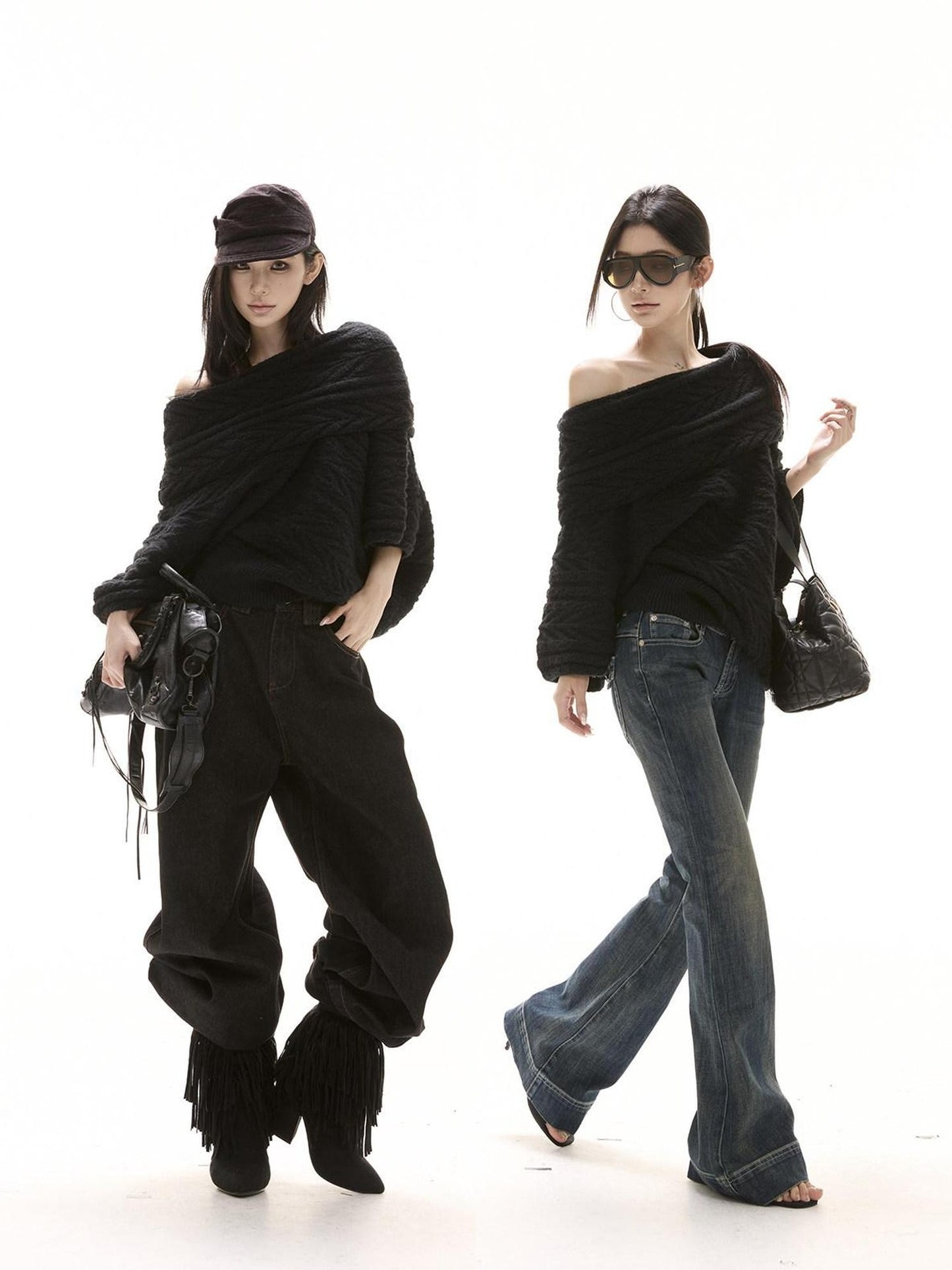 CrushOnit Thermal Street Loose Pleated Boat Neck Women Knit Pullover Black Sweaters