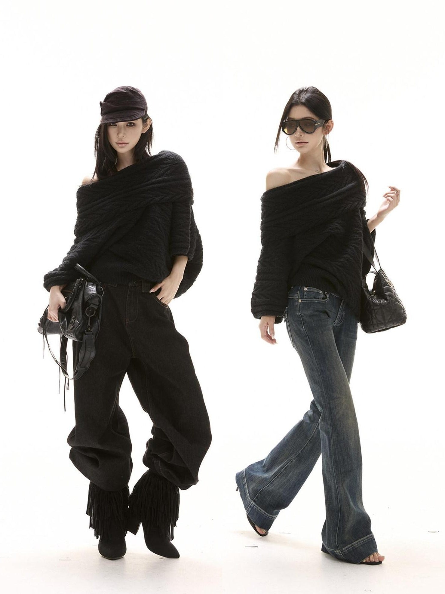 CrushOnit Thermal Street Loose Pleated Boat Neck Women Knit Pullover Black Sweaters