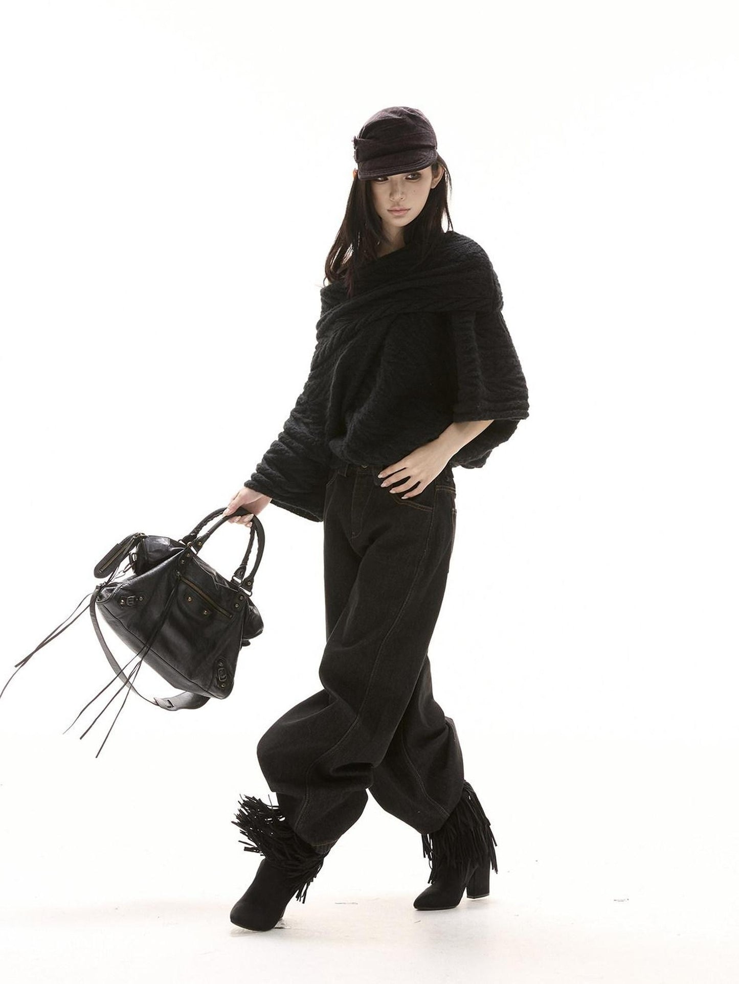 CrushOnit Thermal Street Loose Pleated Boat Neck Women Knit Pullover Black Sweaters