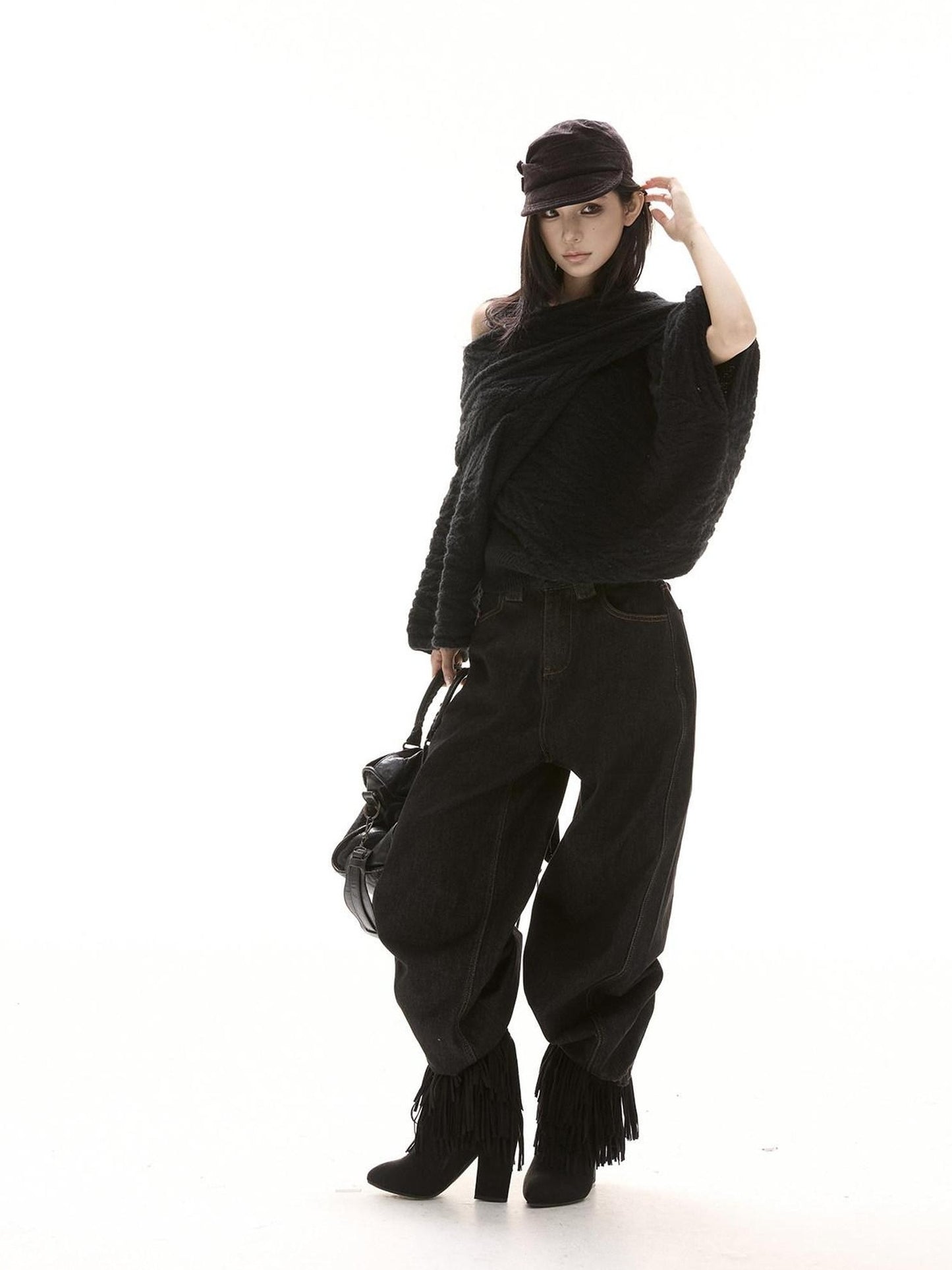 CrushOnit Thermal Street Loose Pleated Boat Neck Women Knit Pullover Black Sweaters