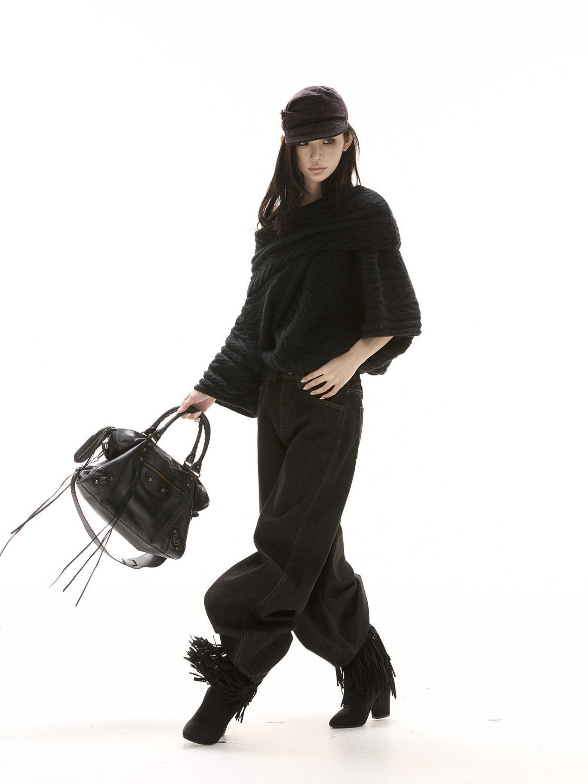 CrushOnit Thermal Street Loose Pleated Boat Neck Women Knit Pullover Black Sweaters