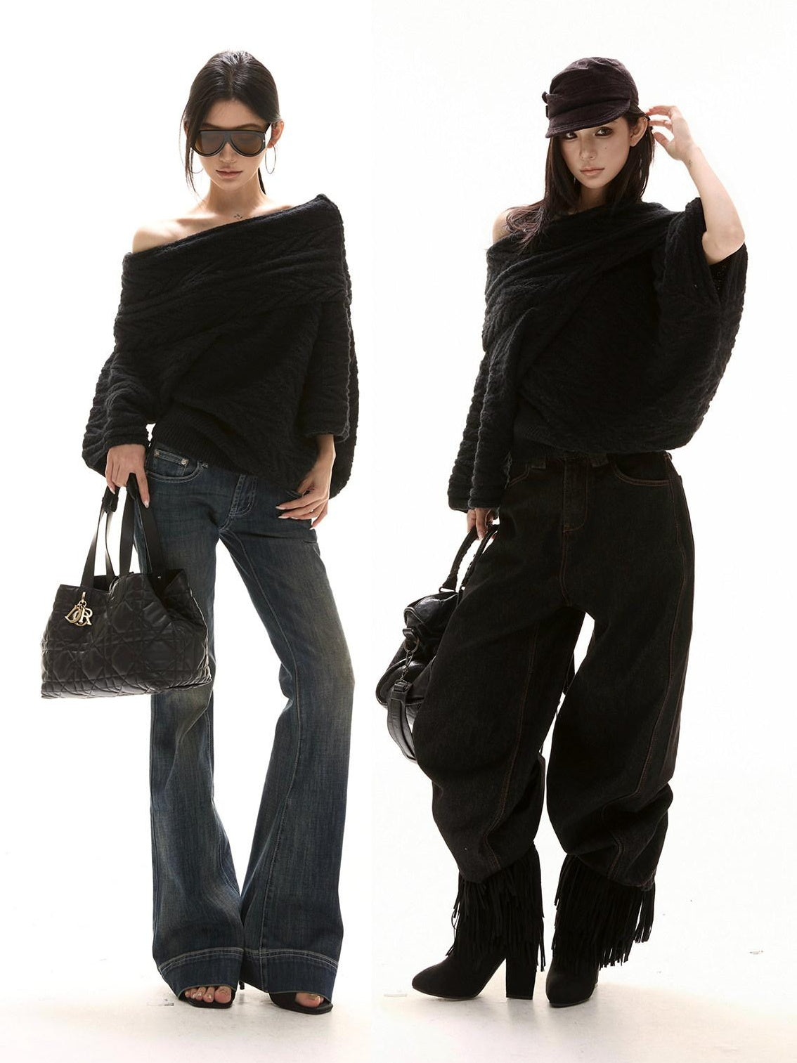 CrushOnit Thermal Street Loose Pleated Boat Neck Women Knit Pullover Black Sweaters