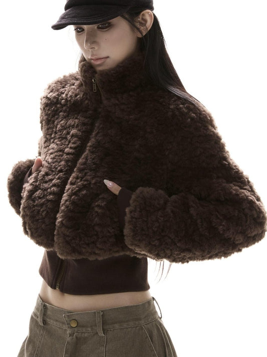 CrushOnit Thick Cotton Lined Vintage Commuter Oversized Fur Collar Chestnut Short Coat