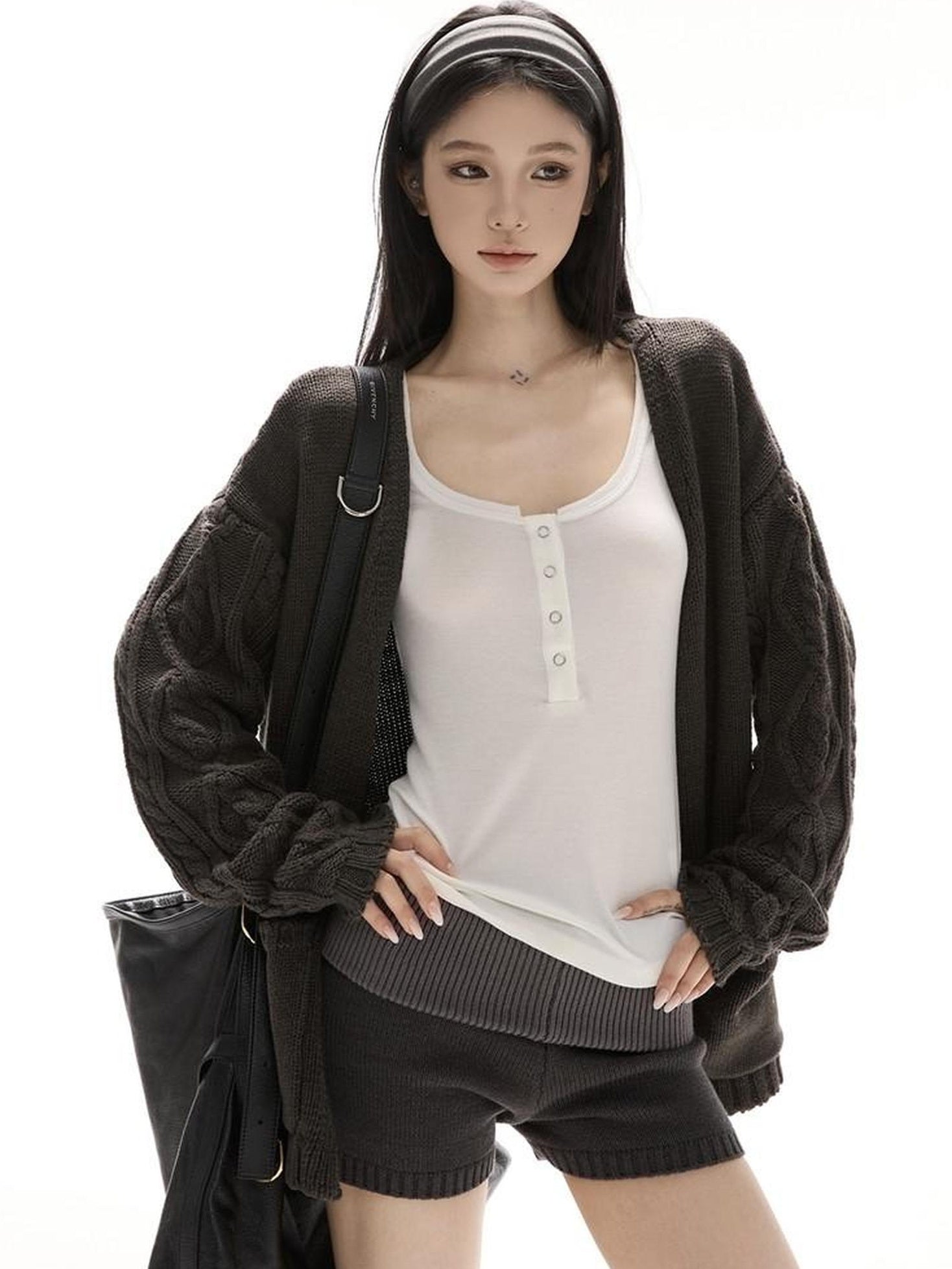 CrushOnit V-neck Knit Oversized Colorblock 3 Piece Warm Women Low Waist Top & Shorts Sets