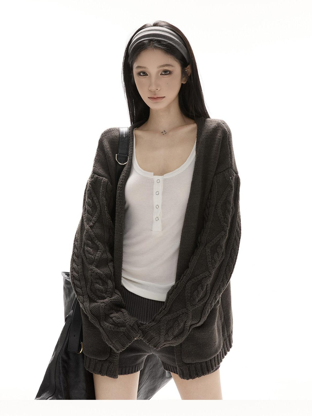 CrushOnit V-neck Knit Oversized Colorblock 3 Piece Warm Women Low Waist Top & Shorts Sets
