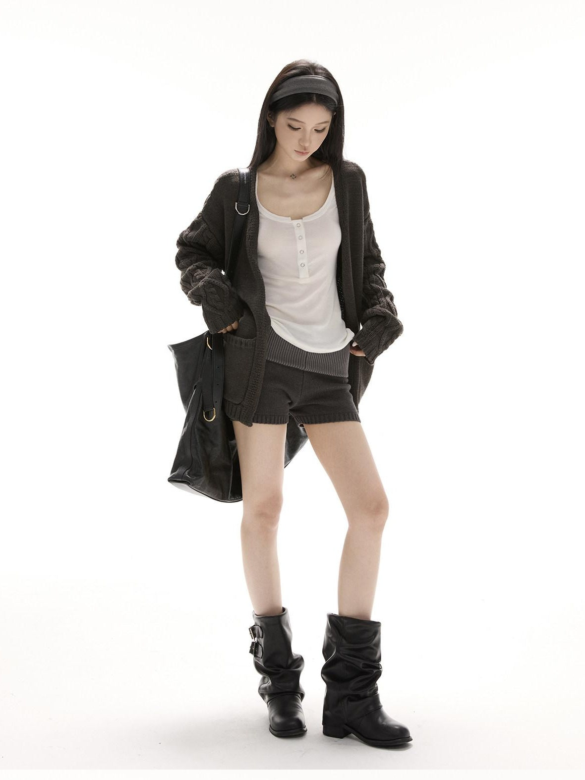 CrushOnit V-neck Knit Oversized Colorblock 3 Piece Warm Women Low Waist Top & Shorts Sets