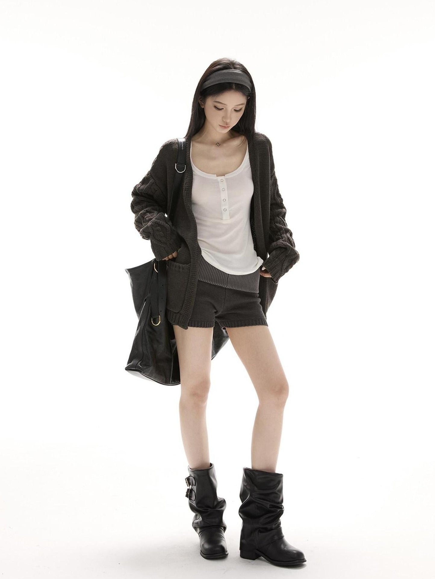 CrushOnit V-neck Knit Oversized Colorblock 3 Piece Warm Women Low Waist Top & Shorts Sets