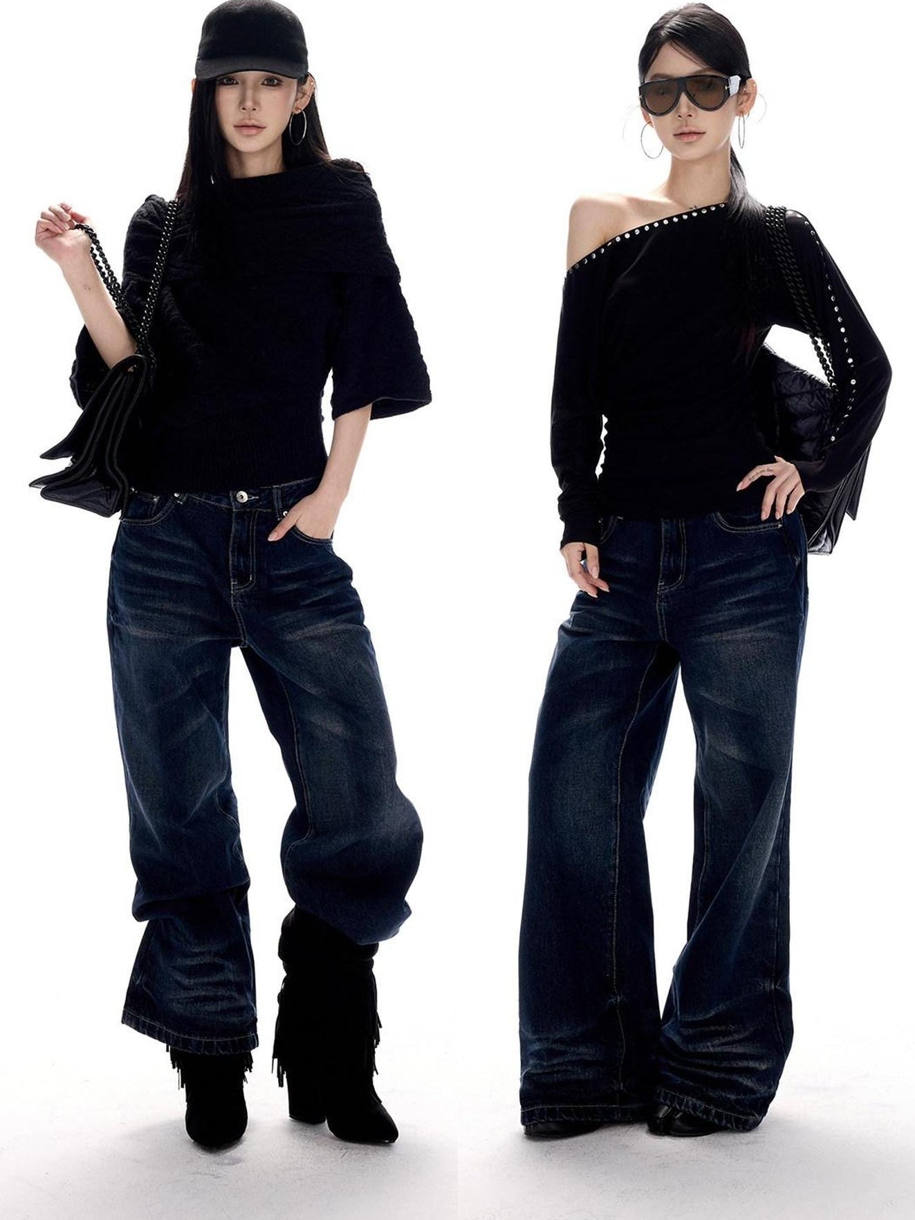 CrushOnit Vintage Washed Low Rise Microflare Button Fly Women Deep Blue Straight Leg Jeans