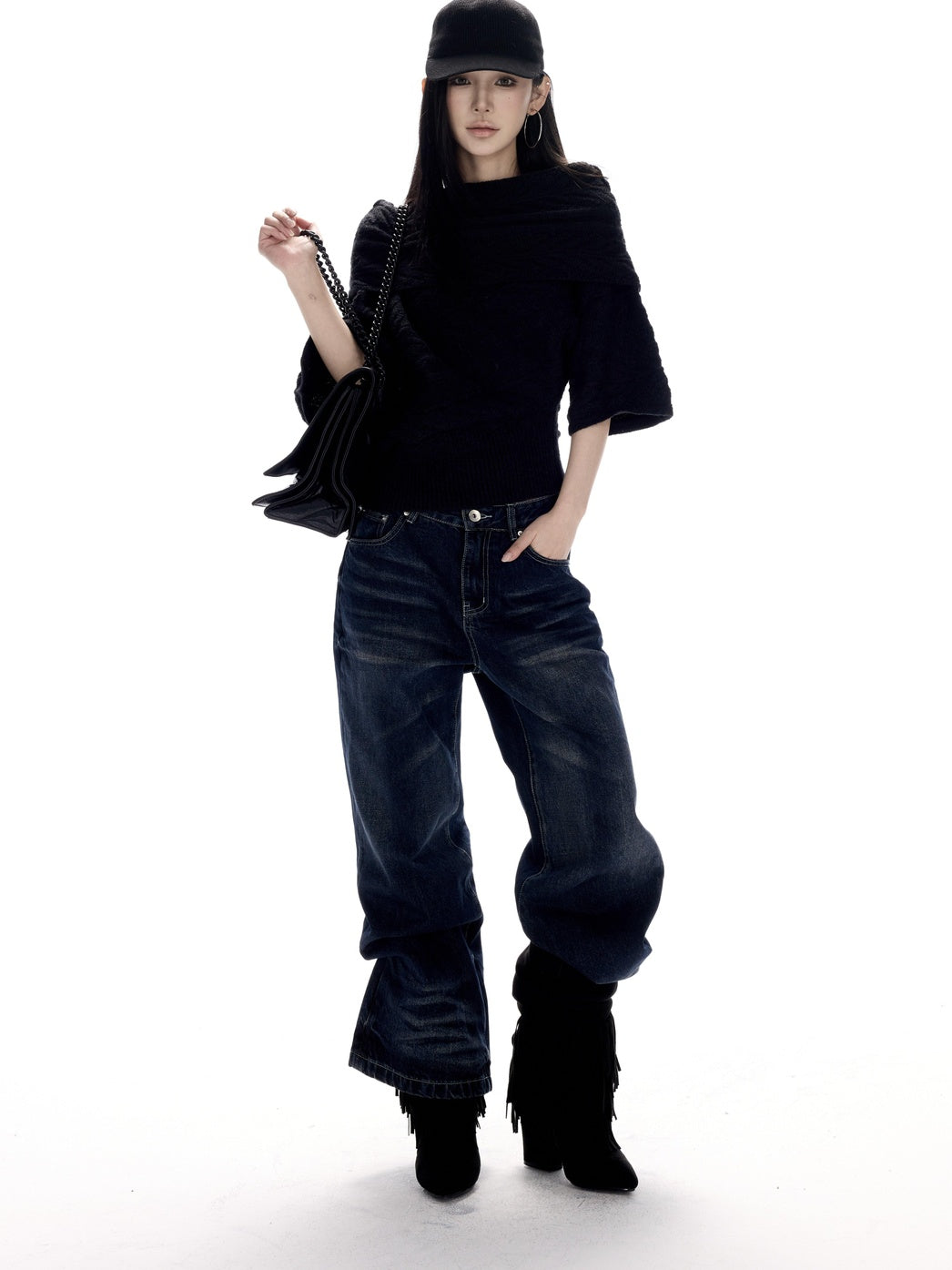 CrushOnit Vintage Washed Low Rise Microflare Button Fly Women Deep Blue Straight Leg Jeans
