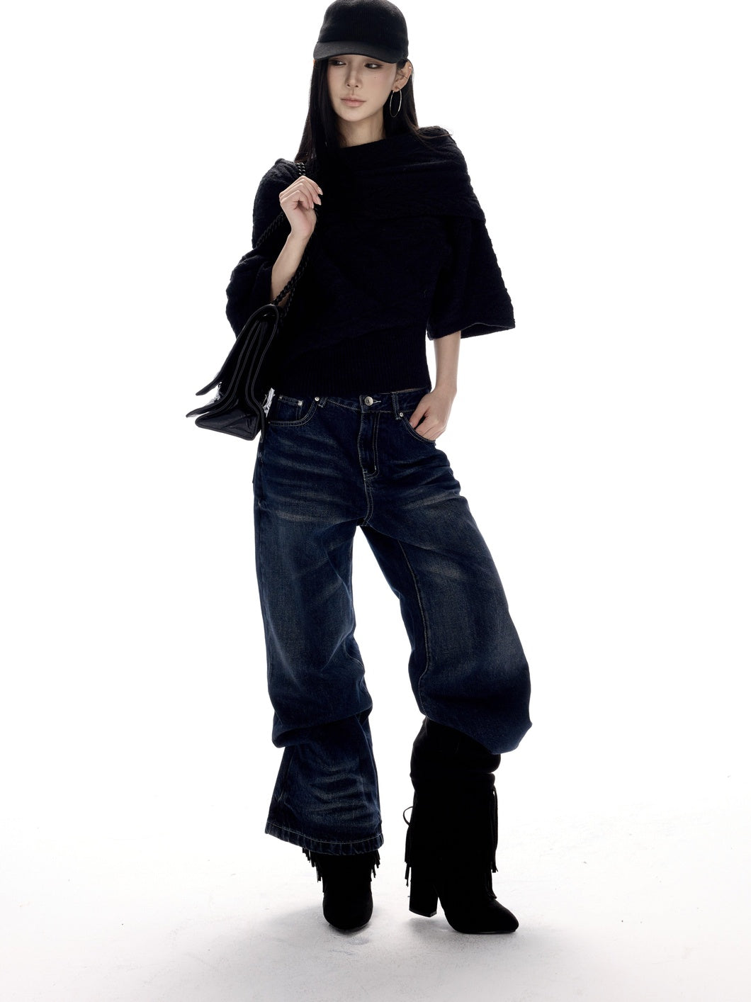 CrushOnit Vintage Washed Low Rise Microflare Button Fly Women Deep Blue Straight Leg Jeans