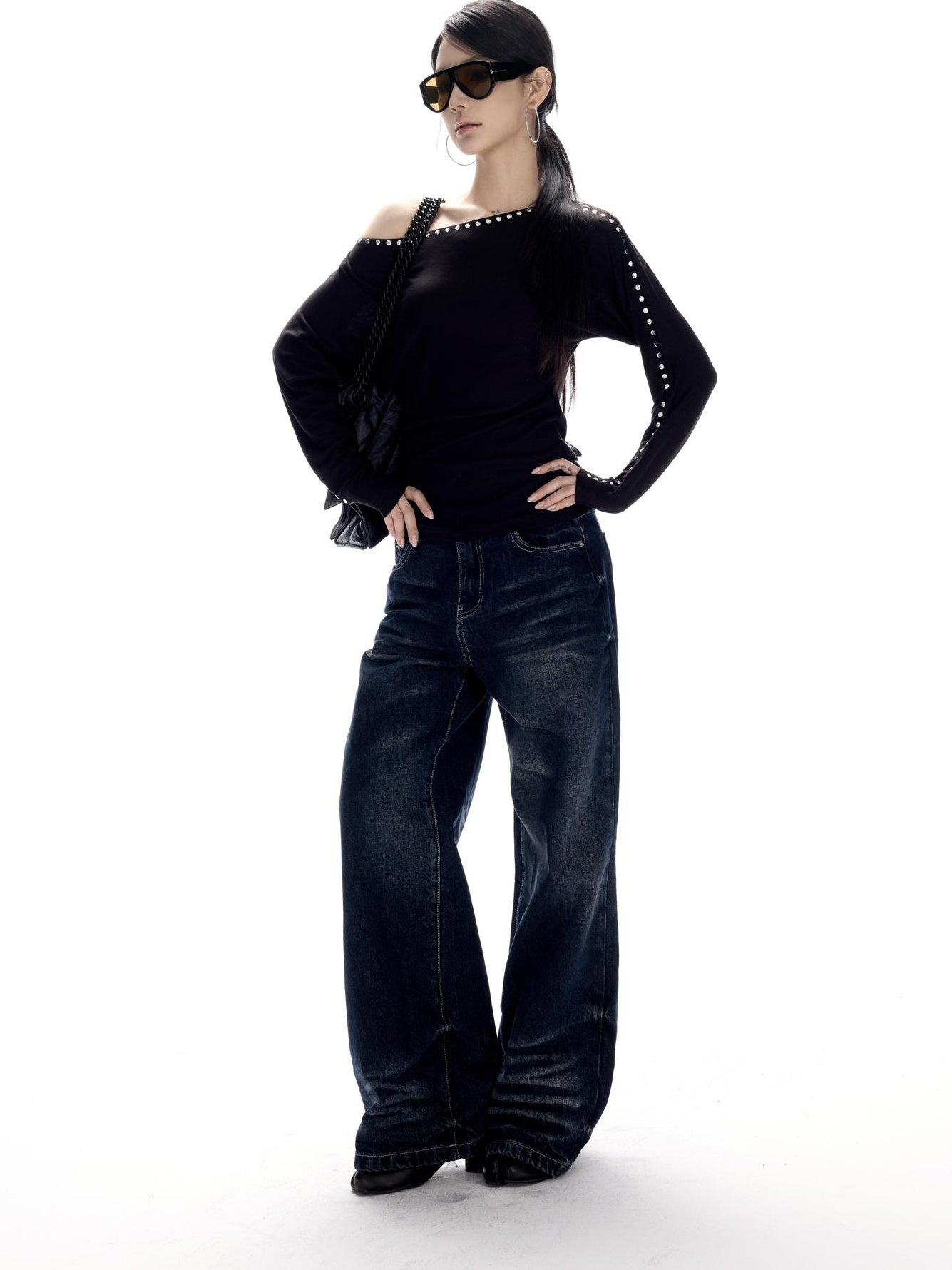 CrushOnit Vintage Washed Low Rise Microflare Button Fly Women Deep Blue Straight Leg Jeans
