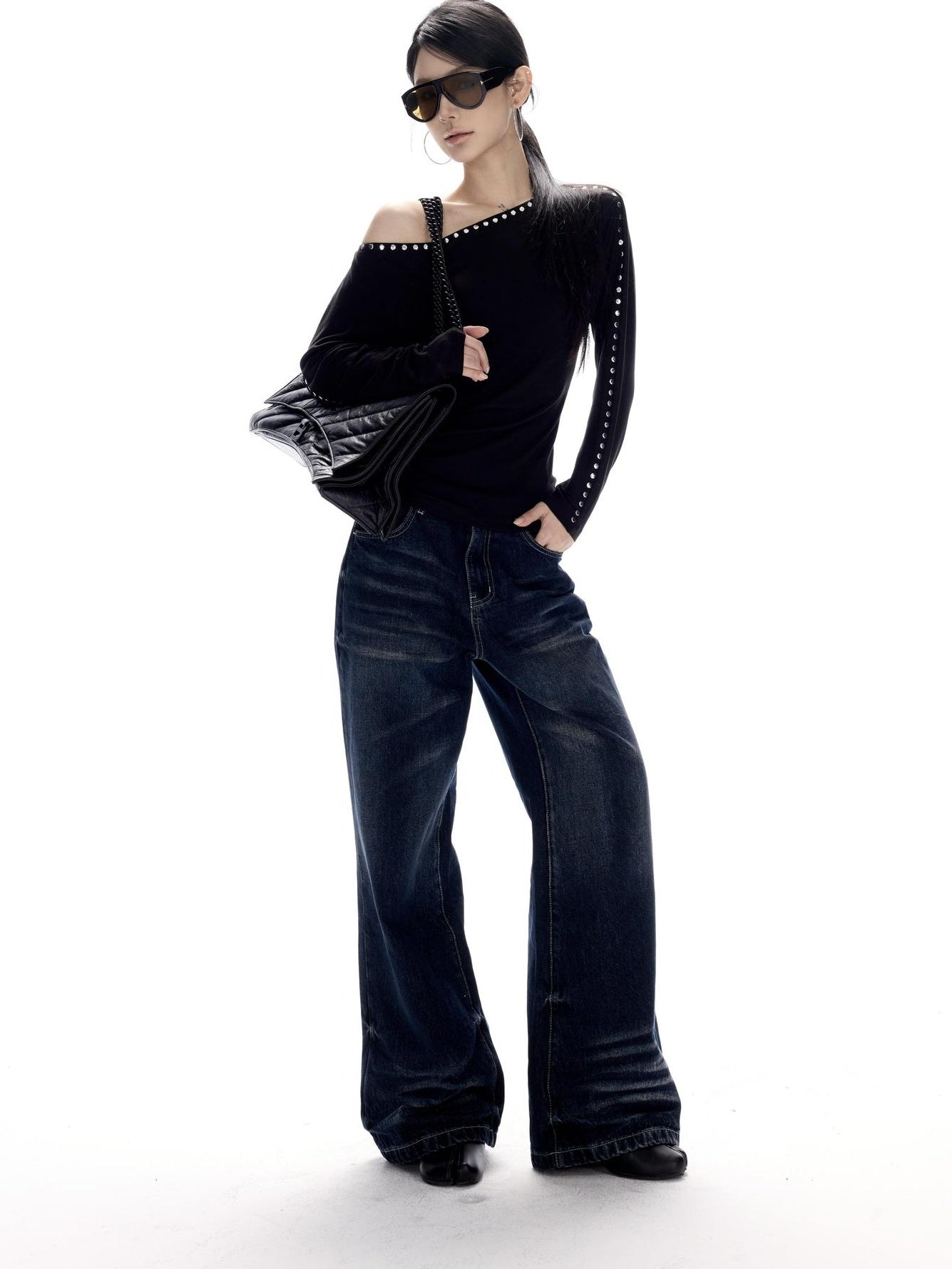 CrushOnit Vintage Washed Low Rise Microflare Button Fly Women Deep Blue Straight Leg Jeans