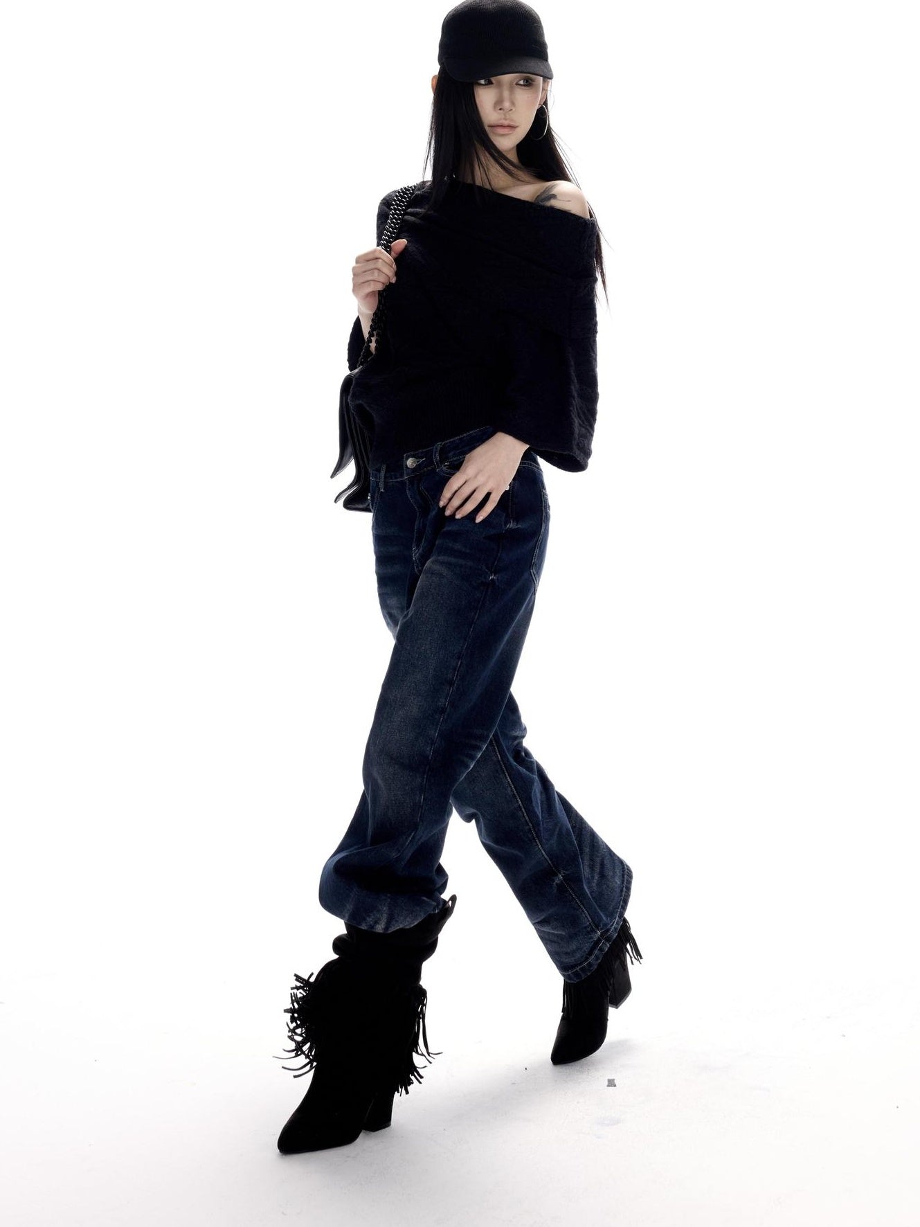 CrushOnit Vintage Washed Low Rise Microflare Button Fly Women Deep Blue Straight Leg Jeans