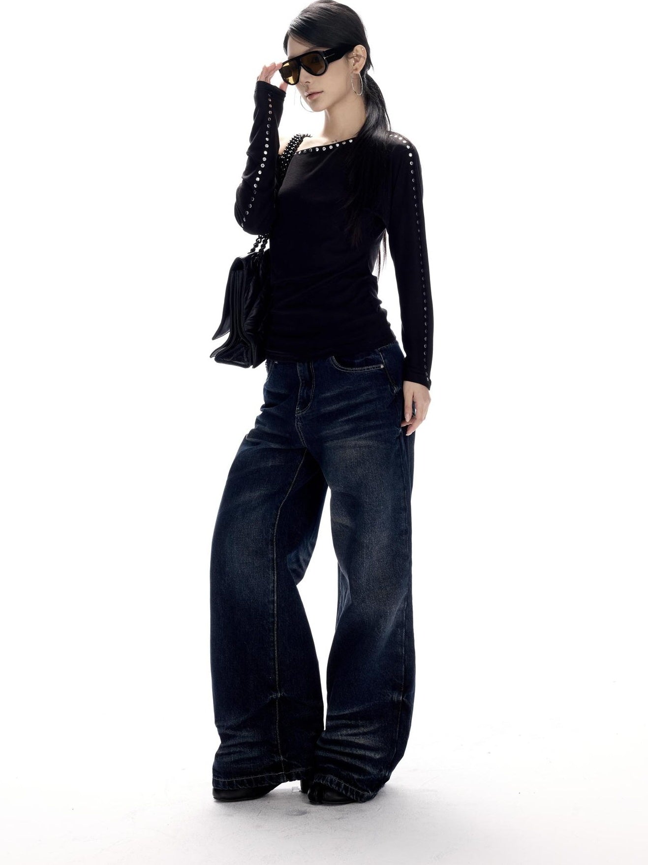 CrushOnit Vintage Washed Low Rise Microflare Button Fly Women Deep Blue Straight Leg Jeans