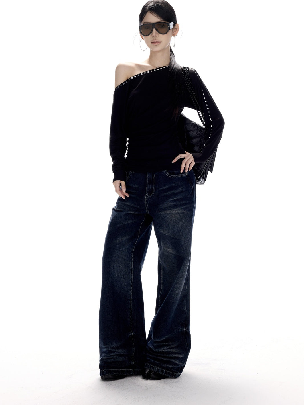 CrushOnit Vintage Washed Low Rise Microflare Button Fly Women Deep Blue Straight Leg Jeans