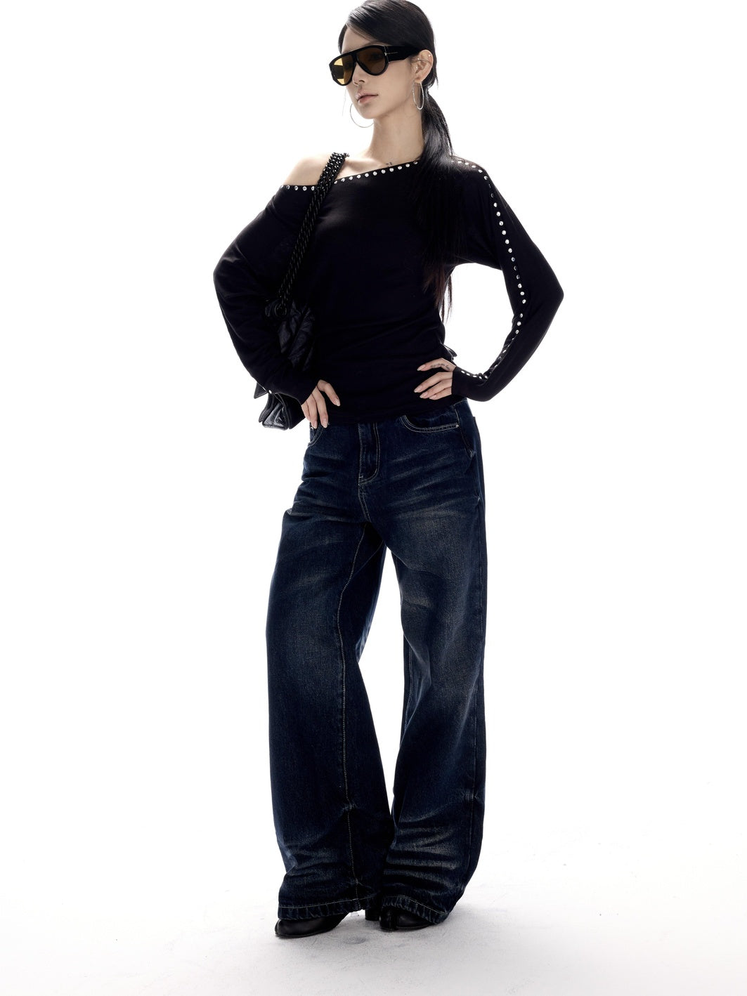 CrushOnit Vintage Washed Low Rise Microflare Button Fly Women Deep Blue Straight Leg Jeans