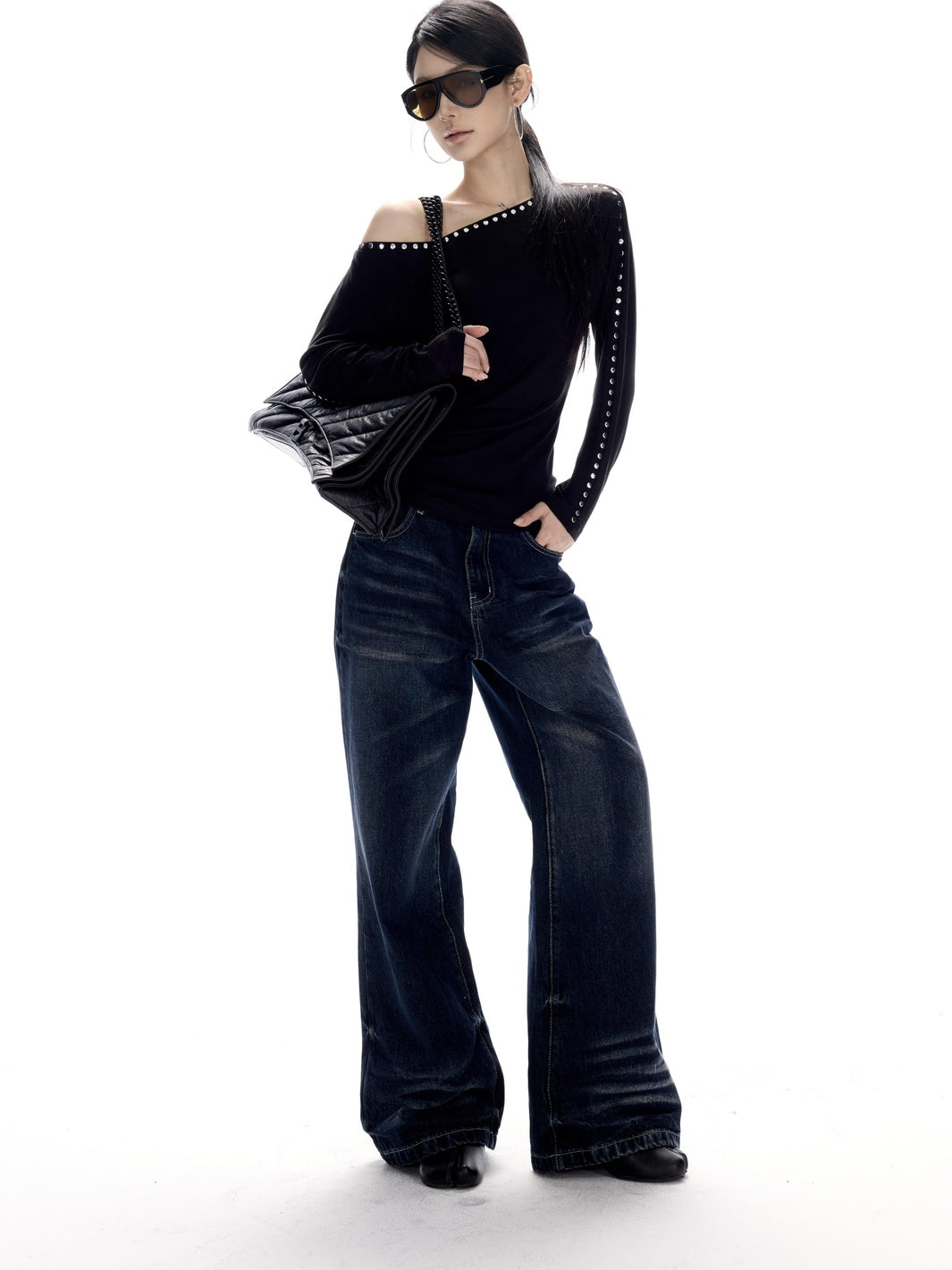 CrushOnit Vintage Washed Low Rise Microflare Button Fly Women Deep Blue Straight Leg Jeans