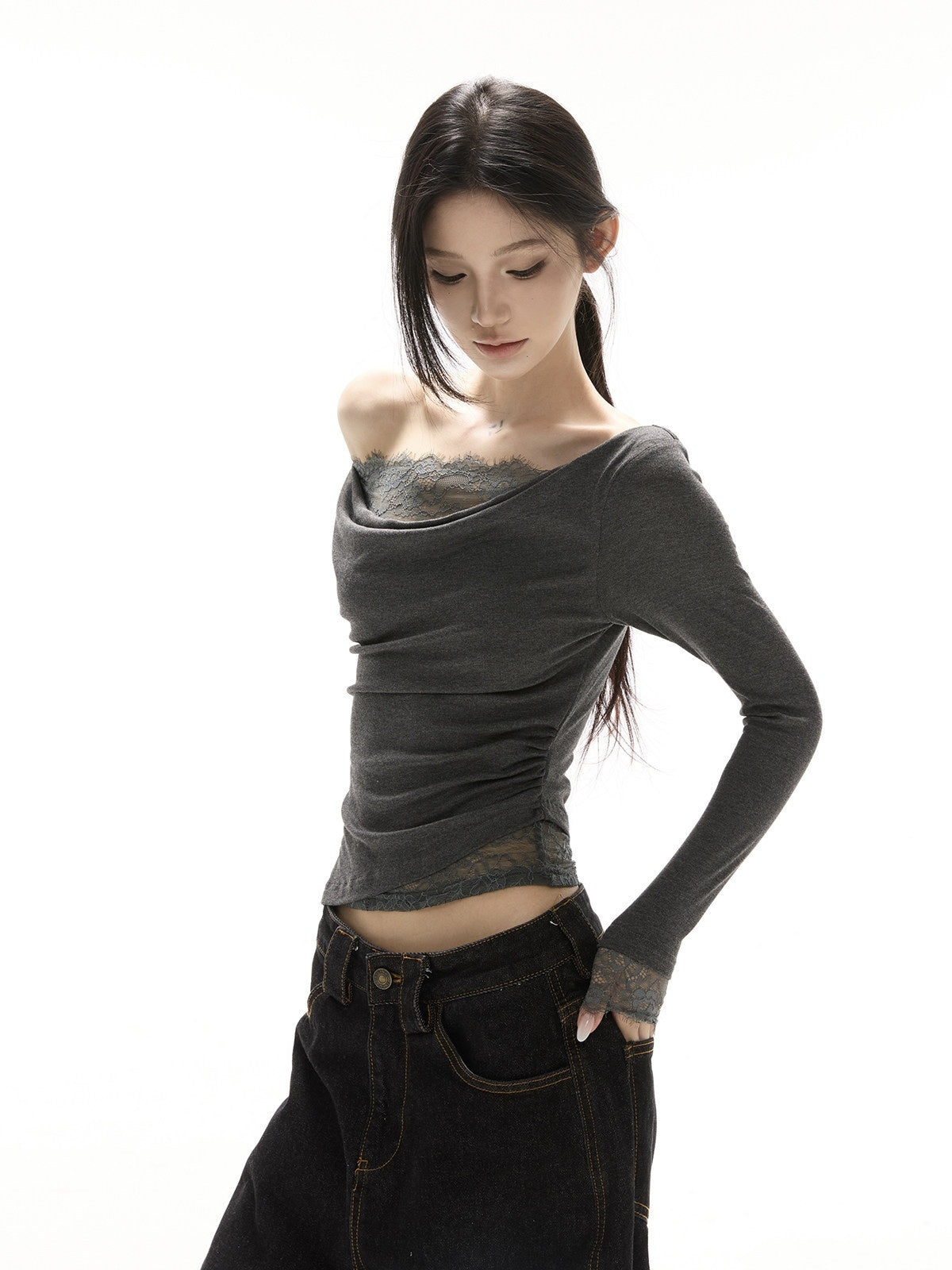 CrushOnit_Viscose_Spandex_Slim_Fit_Lace_Long_Sleeve_Date_Black_Off_Shoulder_Crop_Tops_MISSTT