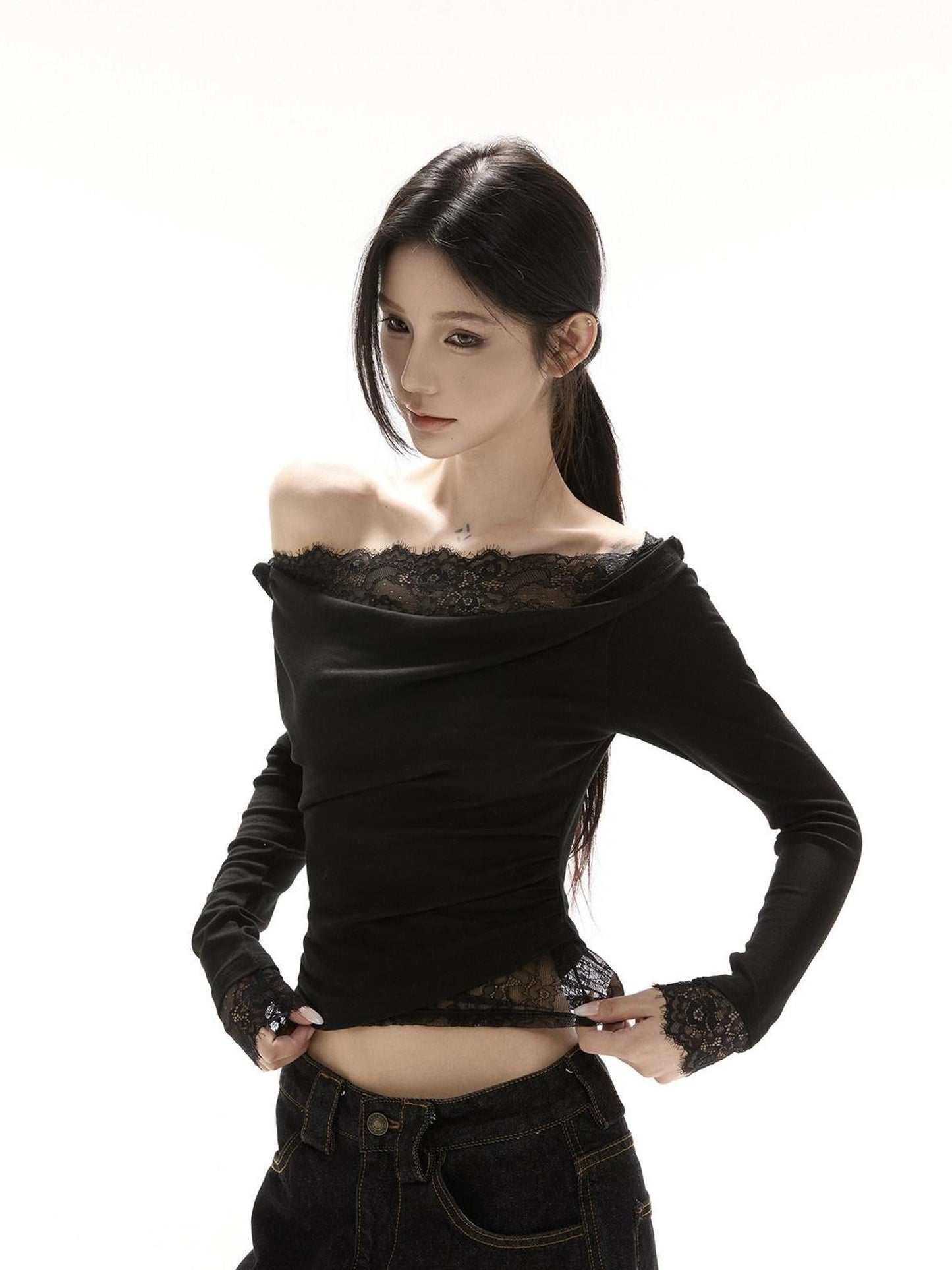 CrushOnit Viscose Spandex Slim Fit Lace Long Sleeve Date Black Off Shoulder Crop Tops