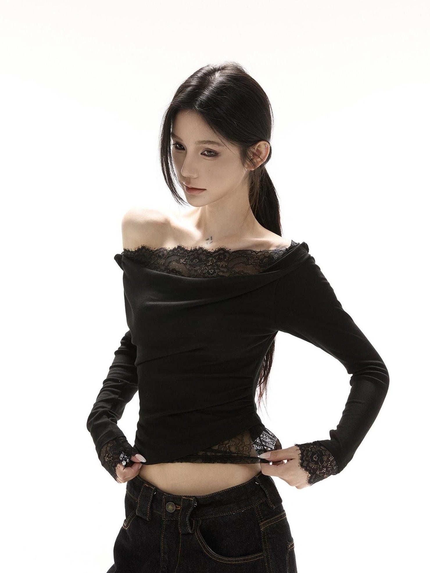 CrushOnit Viscose Spandex Slim Fit Lace Long Sleeve Date Black Off Shoulder Crop Tops