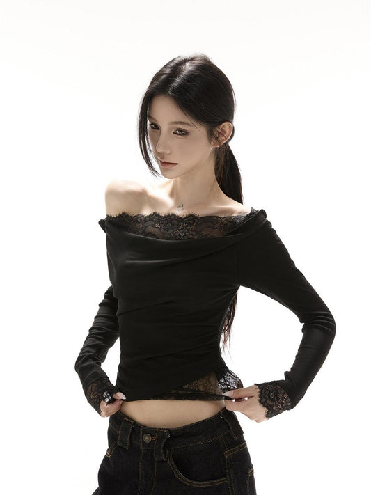 CrushOnit Viscose Spandex Slim Fit Lace Long Sleeve Date Black Off Shoulder Crop Tops