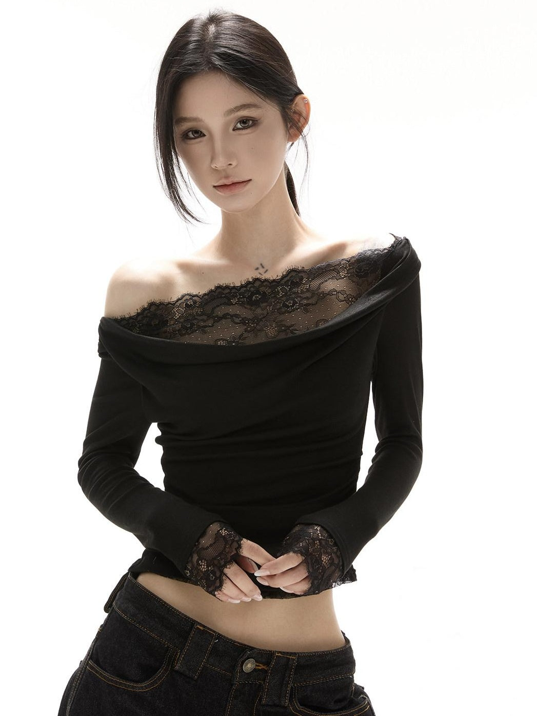 CrushOnit Viscose Spandex Slim Fit Lace Long Sleeve Date Black Off Shoulder Crop Tops