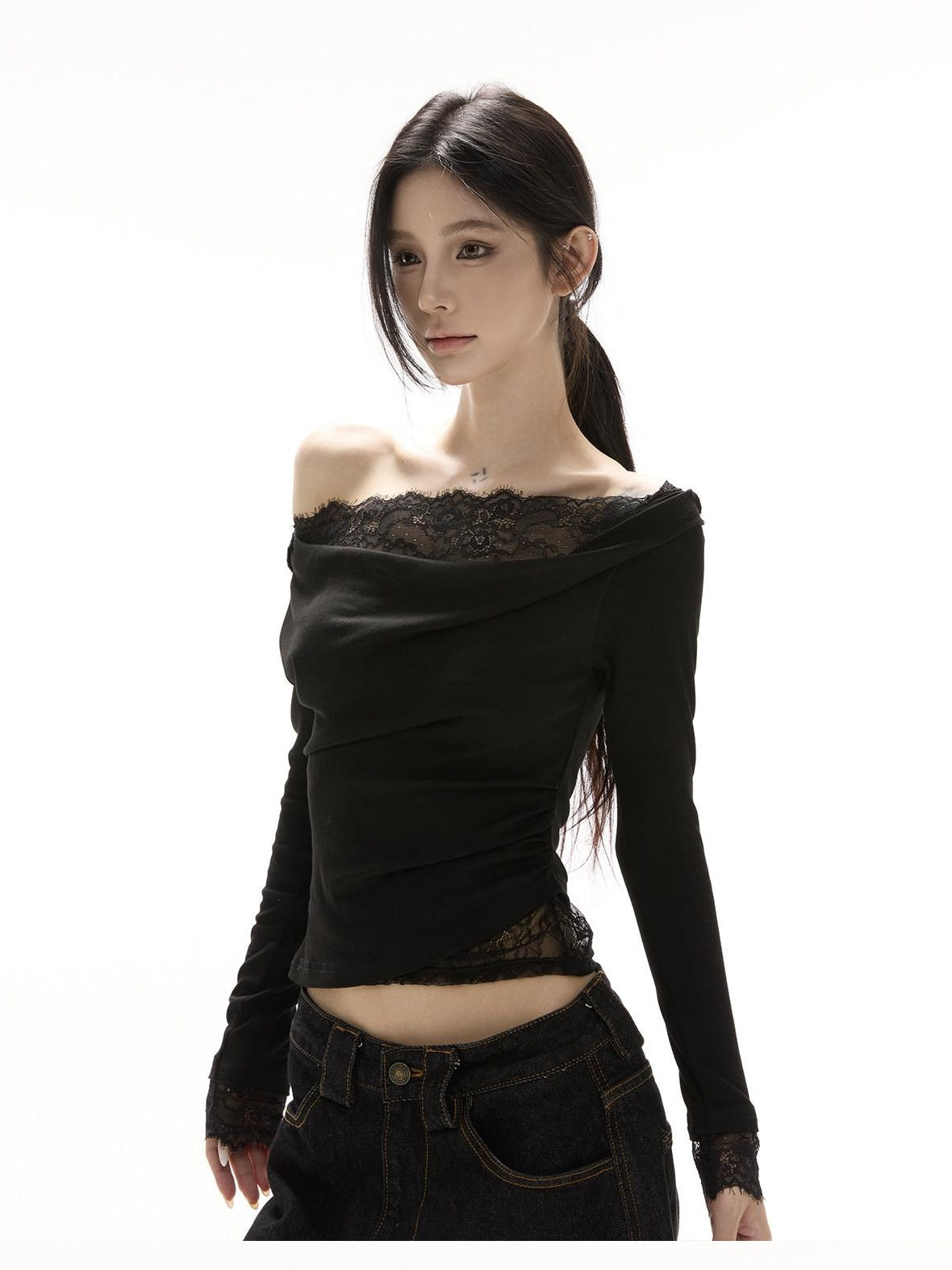 CrushOnit Viscose Spandex Slim Fit Lace Long Sleeve Date Black Off Shoulder Crop Tops