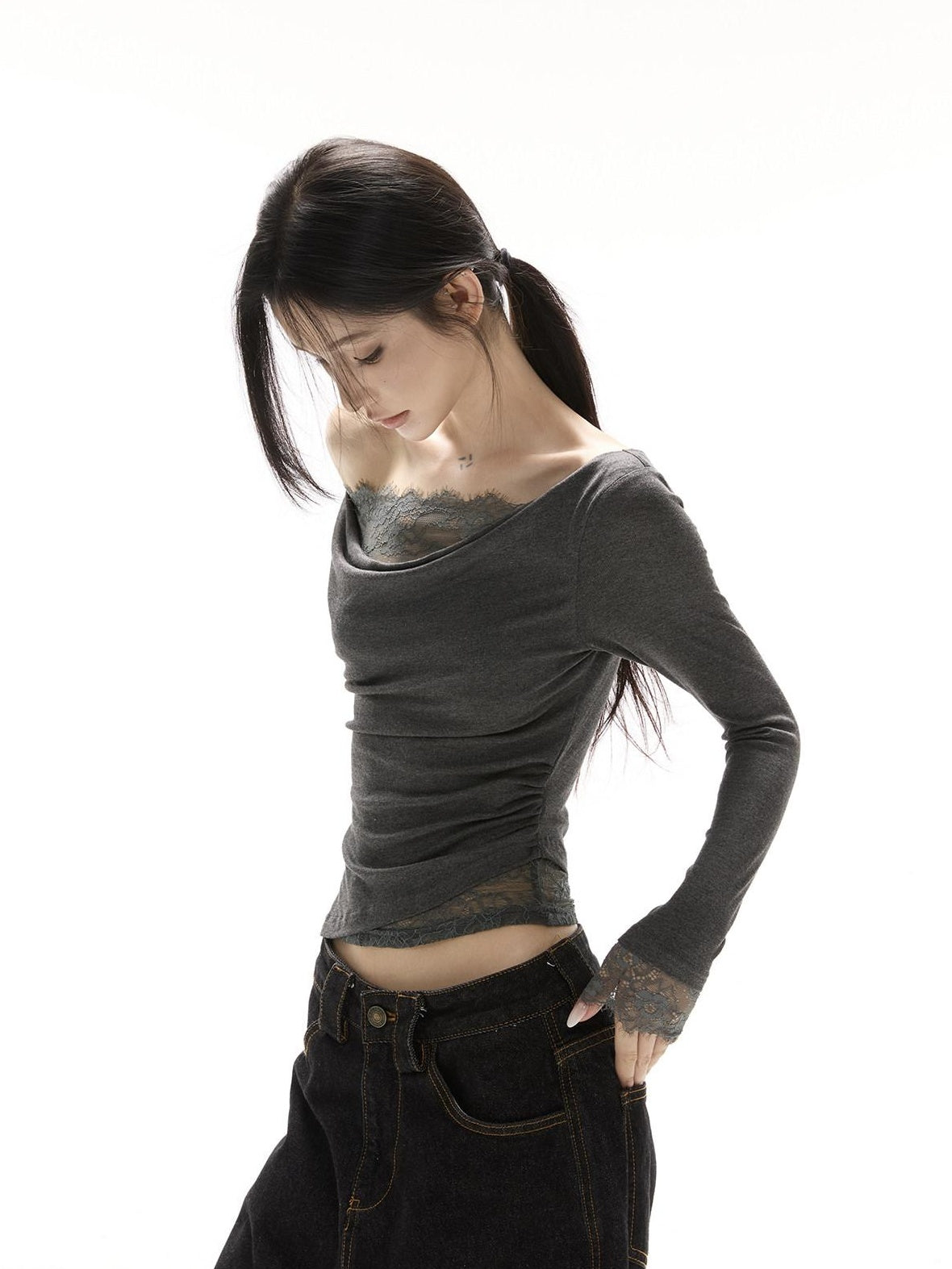 CrushOnit Viscose Spandex Slim Fit Lace Long Sleeve Date Black Off Shoulder Crop Tops