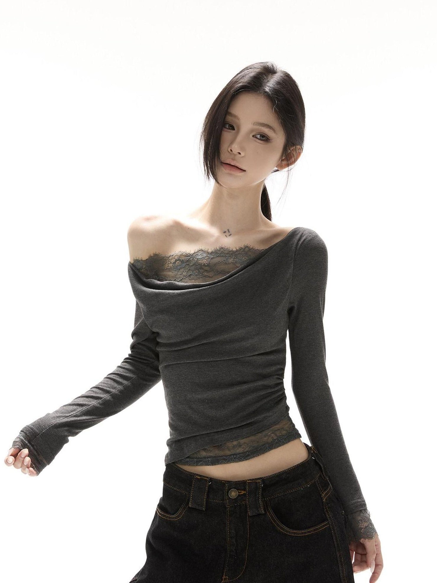 CrushOnit Viscose Spandex Slim Fit Lace Long Sleeve Date Black Off Shoulder Crop Tops