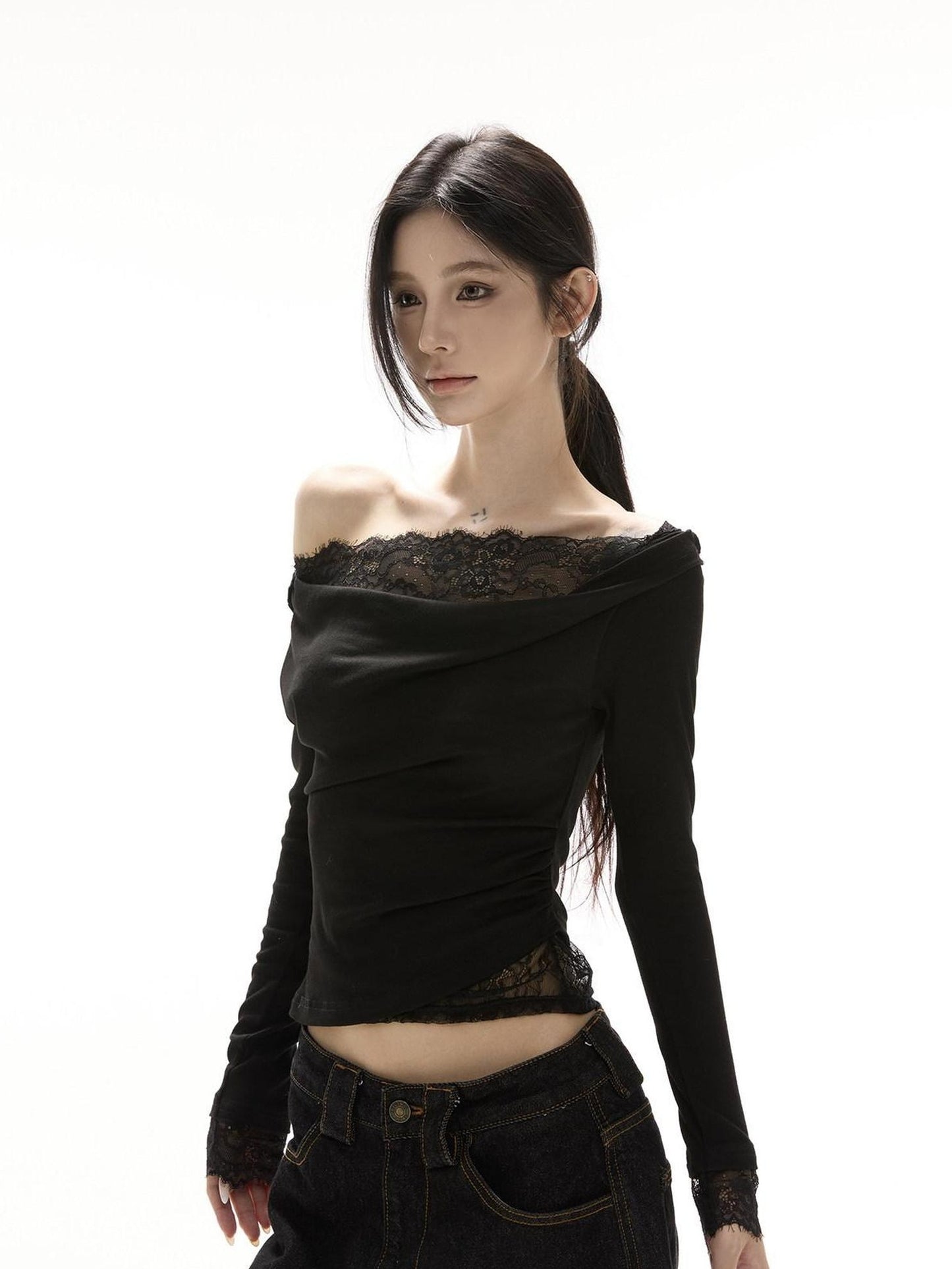 CrushOnit Viscose Spandex Slim Fit Lace Long Sleeve Date Black Off Shoulder Crop Tops