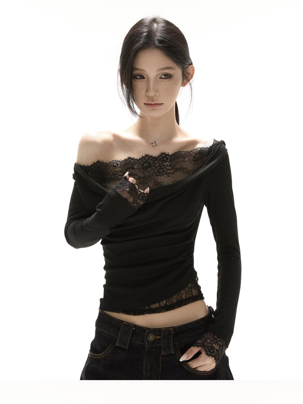 CrushOnit Viscose Spandex Slim Fit Lace Long Sleeve Date Black Off Shoulder Crop Tops