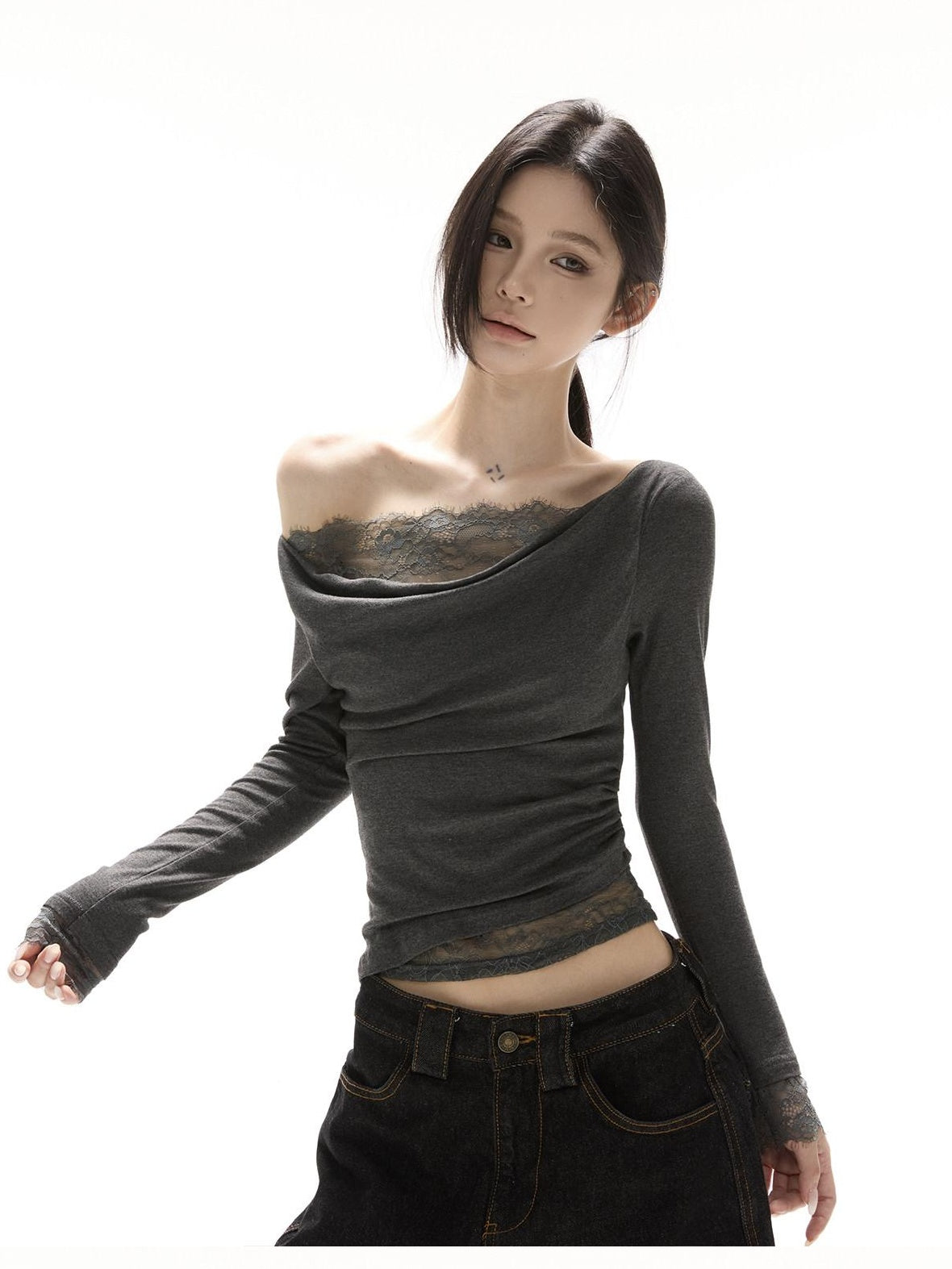CrushOnit Viscose Spandex Slim Fit Lace Long Sleeve Date Black Off Shoulder Crop Tops