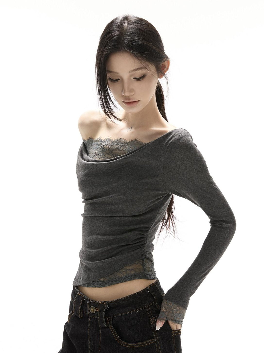 CrushOnit Viscose Spandex Slim Fit Lace Long Sleeve Date Black Off Shoulder Crop Tops