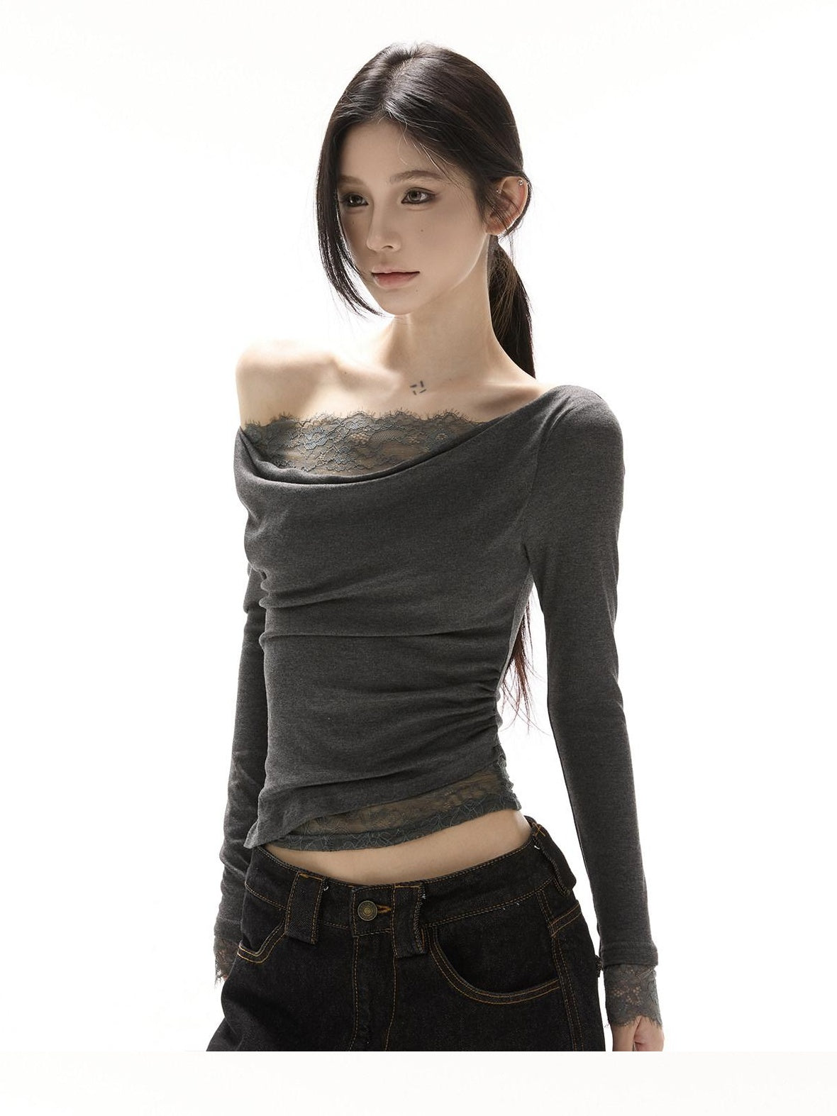 CrushOnit Viscose Spandex Slim Fit Lace Long Sleeve Date Black Off Shoulder Crop Tops