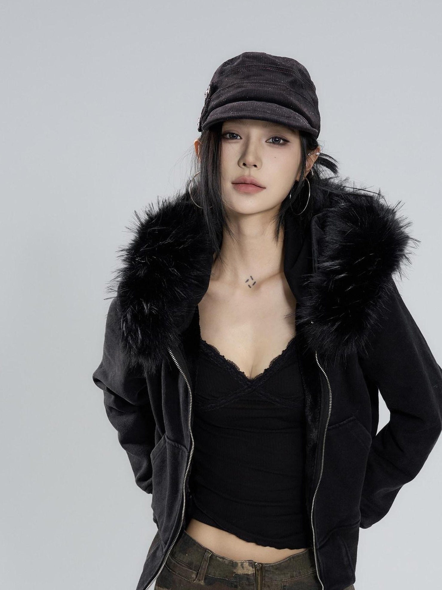 CrushOnit Warm Fur Lined Hooded Commuter Straight Fit Cotton Zip Short Coat