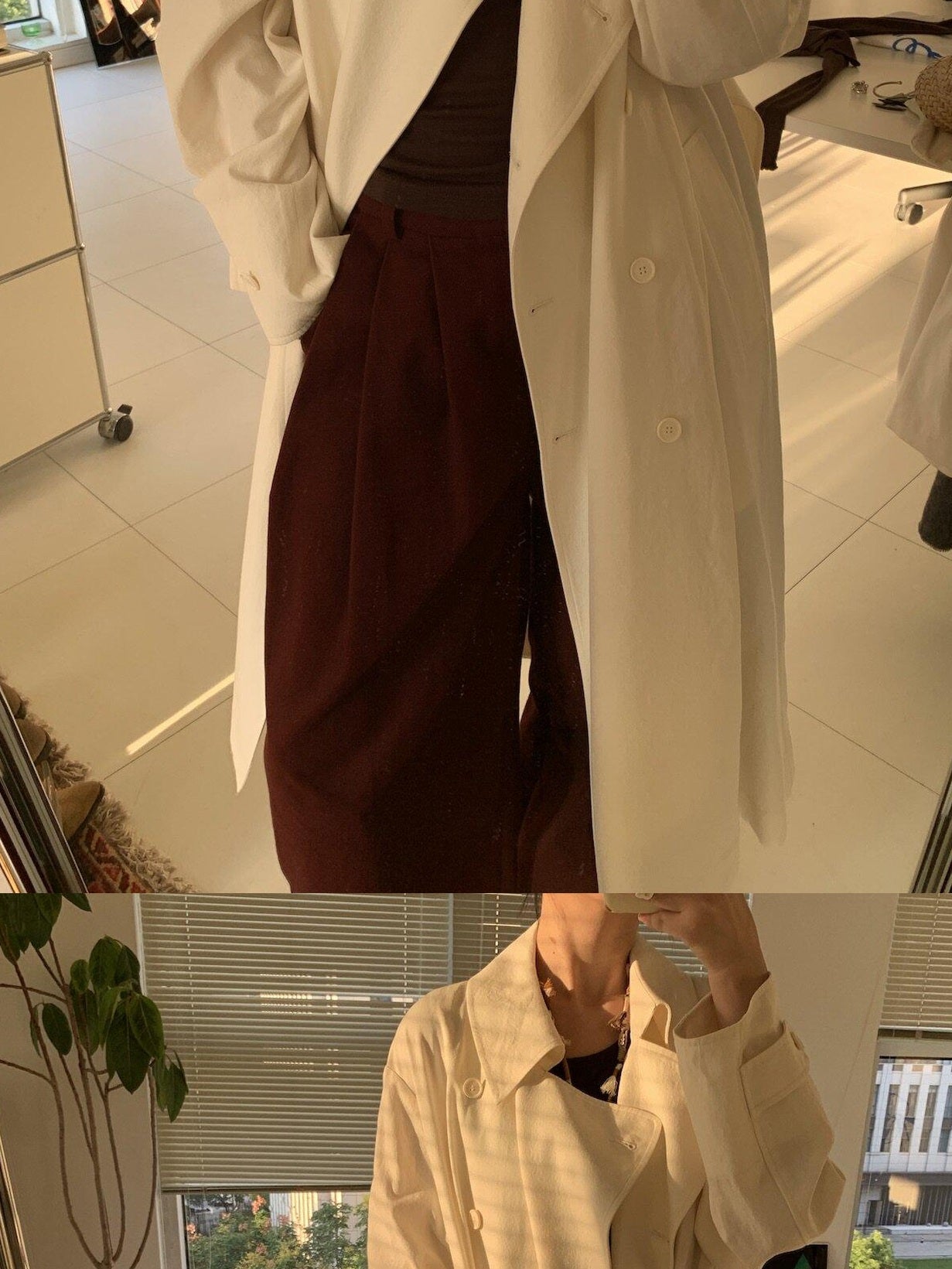 Miroment Elegant Wool Blend Double Breasted Tailored Midi Women Cream Long Trench Coat