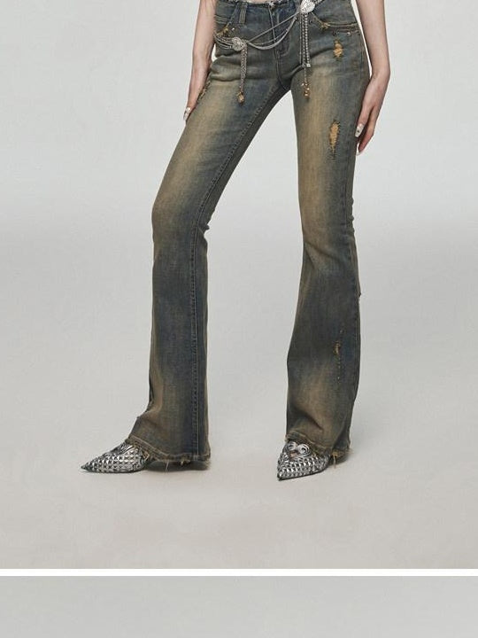 1JINN STUDIO Vintage Distressed Low Rise Slight Flare Blue Women Stretch Straight Leg Jeans