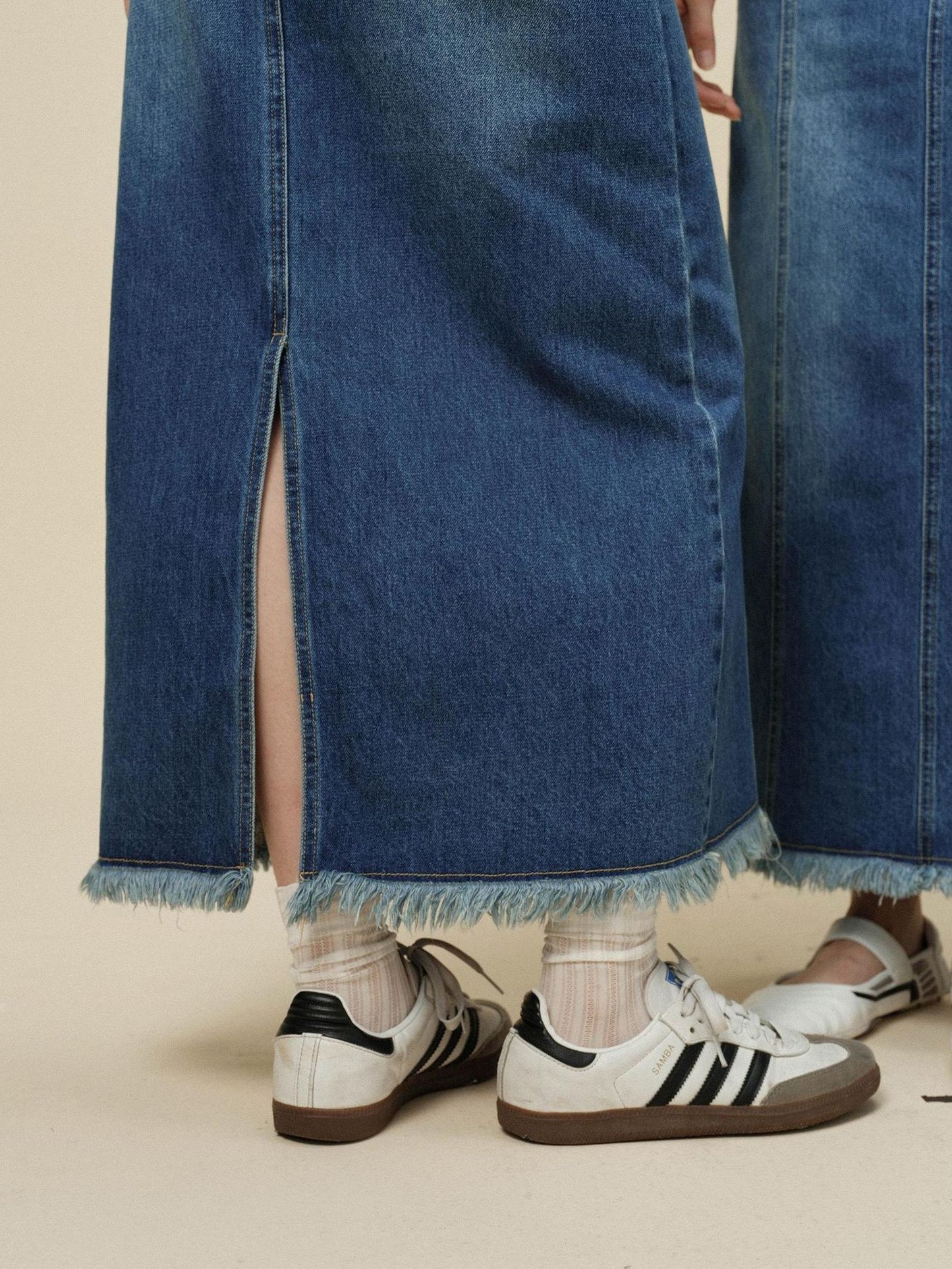 Miroment High Waist Vintage Distressed Fringed H Line Straight Cotton Women Denim Skirt