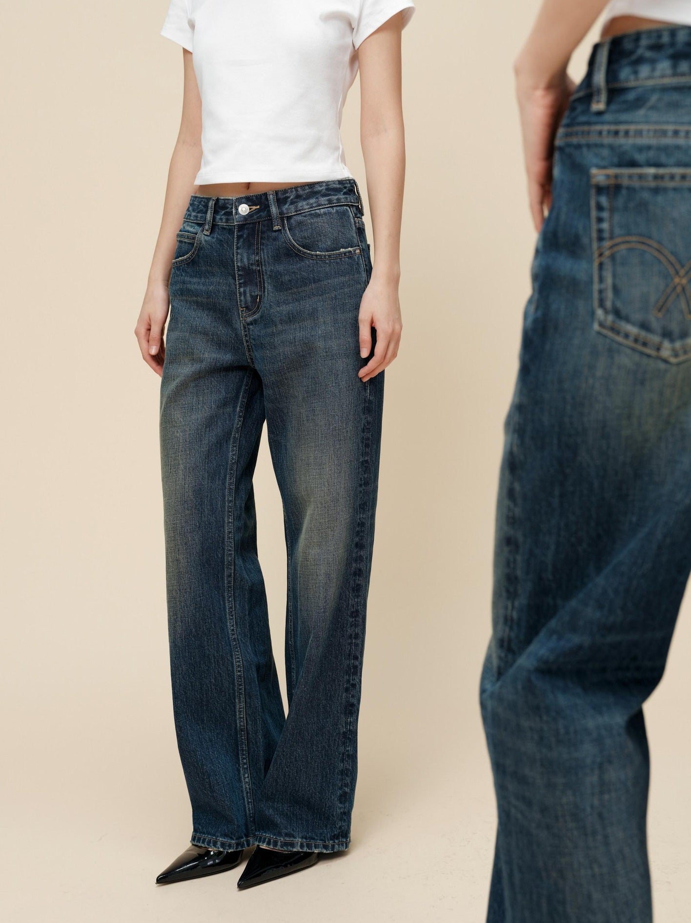 Miroment Vintage Distressed Straight Leg Mid Low Rise Button Fly Women Denim Jeans