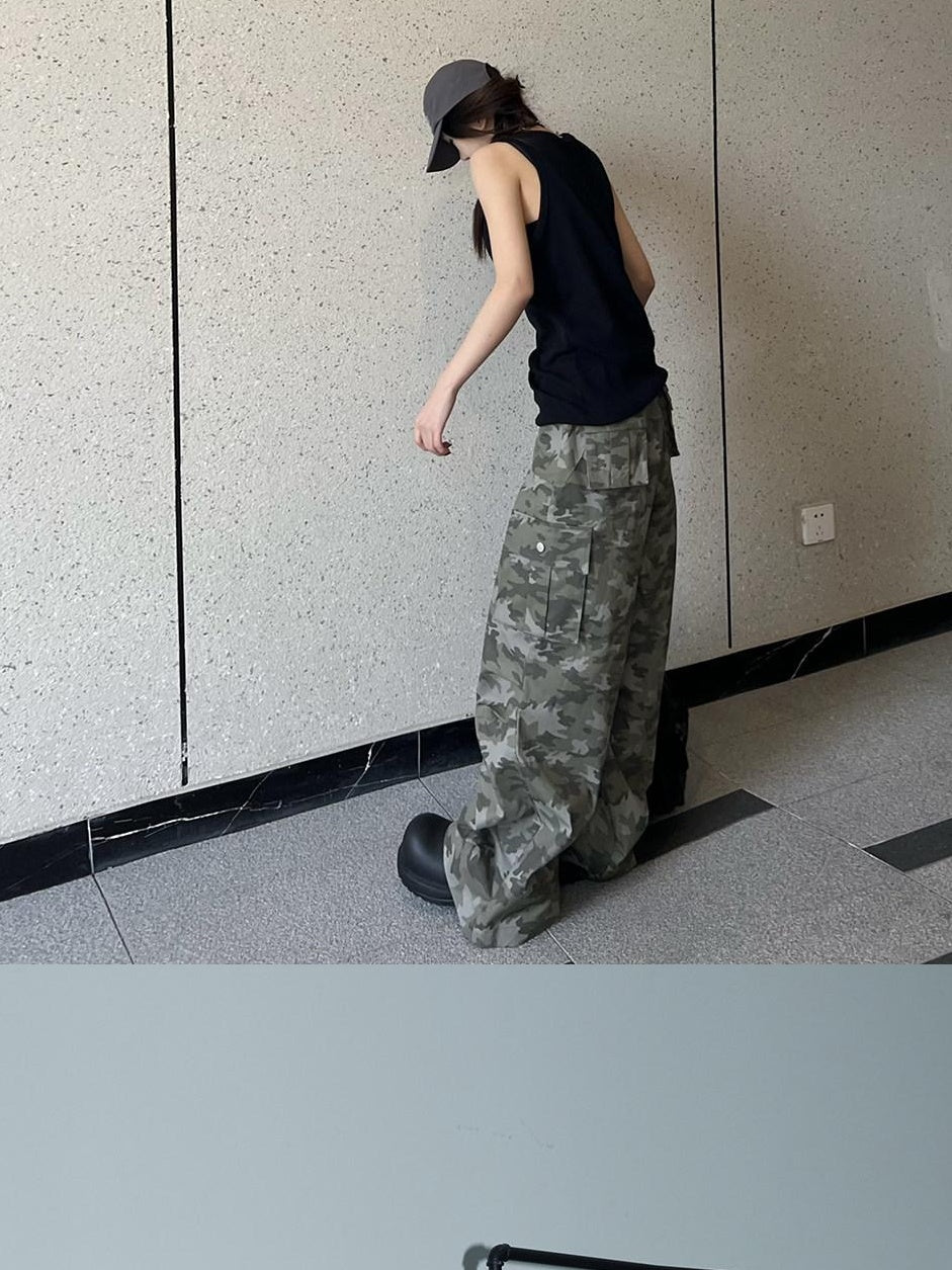 CrushOnit Versatile Camouflage Cargo Natural Waist Stretch Cotton Wide Leg Pants