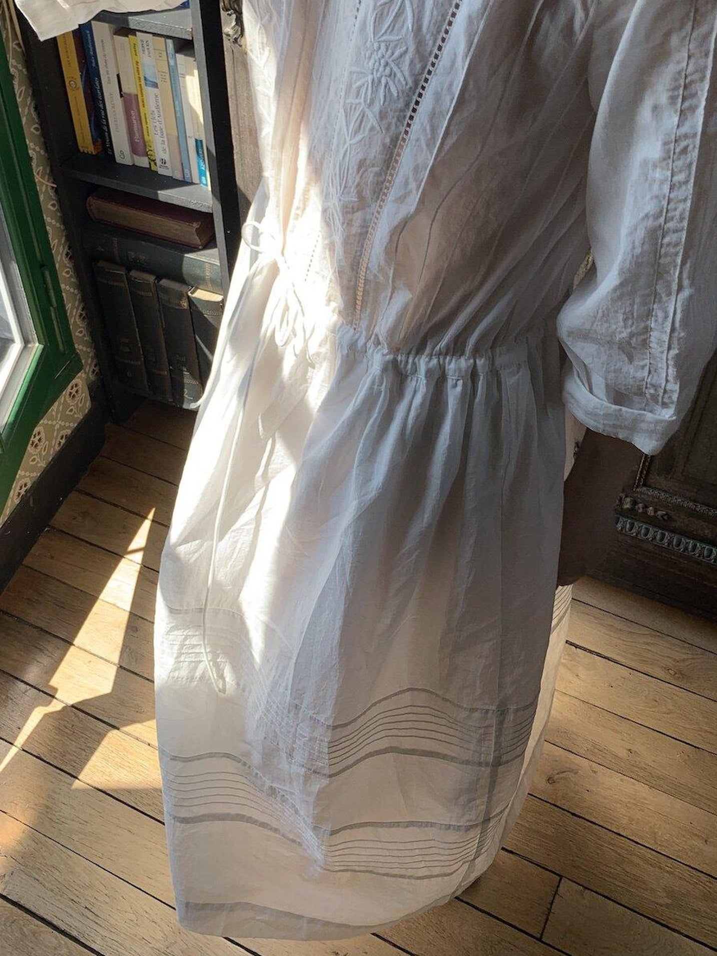 Miroment 100% Cotton Artistic Patchwork Doll Collar Mid Sleeve Low Waist Maxi Dresses