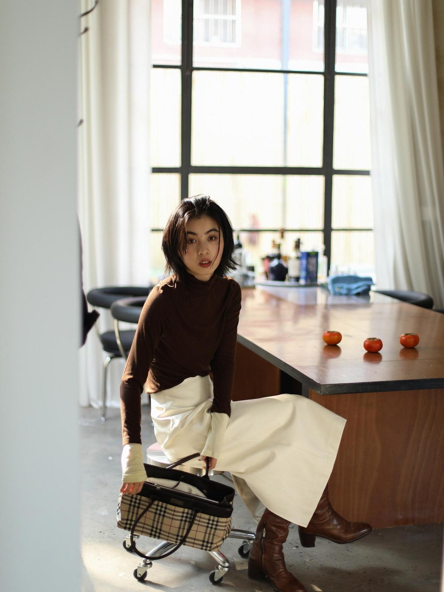Miroment Stain Resistant Vintage High Waist Pu Zipper Straight Women Commute Midi Skirt