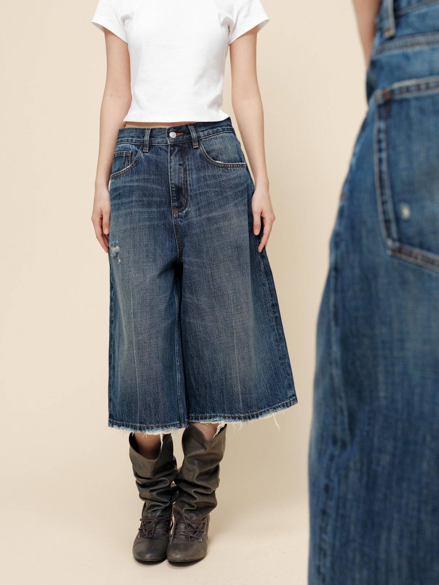 Miroment High Waist Button Fly Minimal Straight Ripped Women Cotton Cropped Jeans