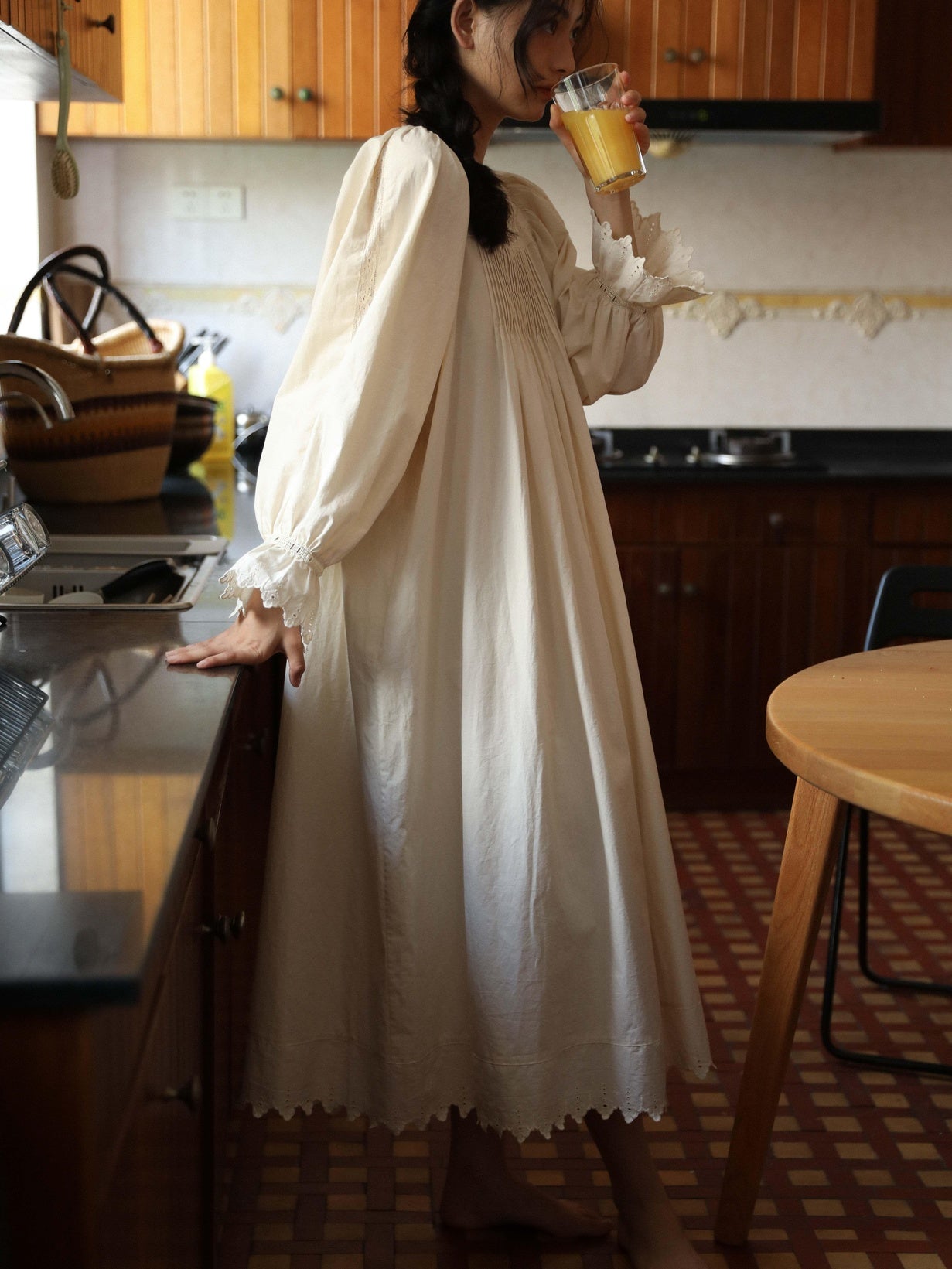 Miroment Organic Cotton Vintage Lace Long Sleeve Japanese Womens Elegant Maxi Dresses