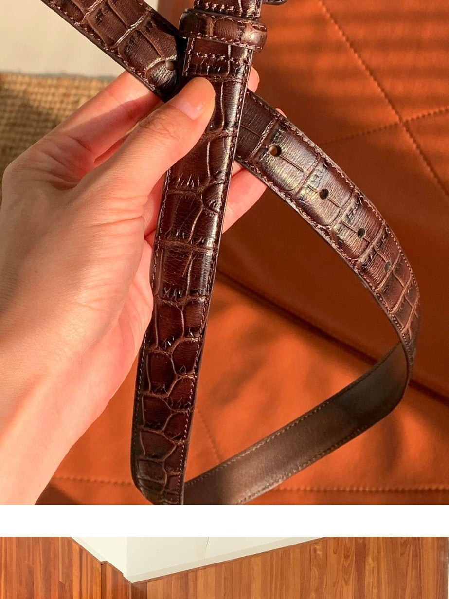 Miroment Top Grain Leather Casual Embossed Brown Women Slim 2.5Cm Buckle Belt
