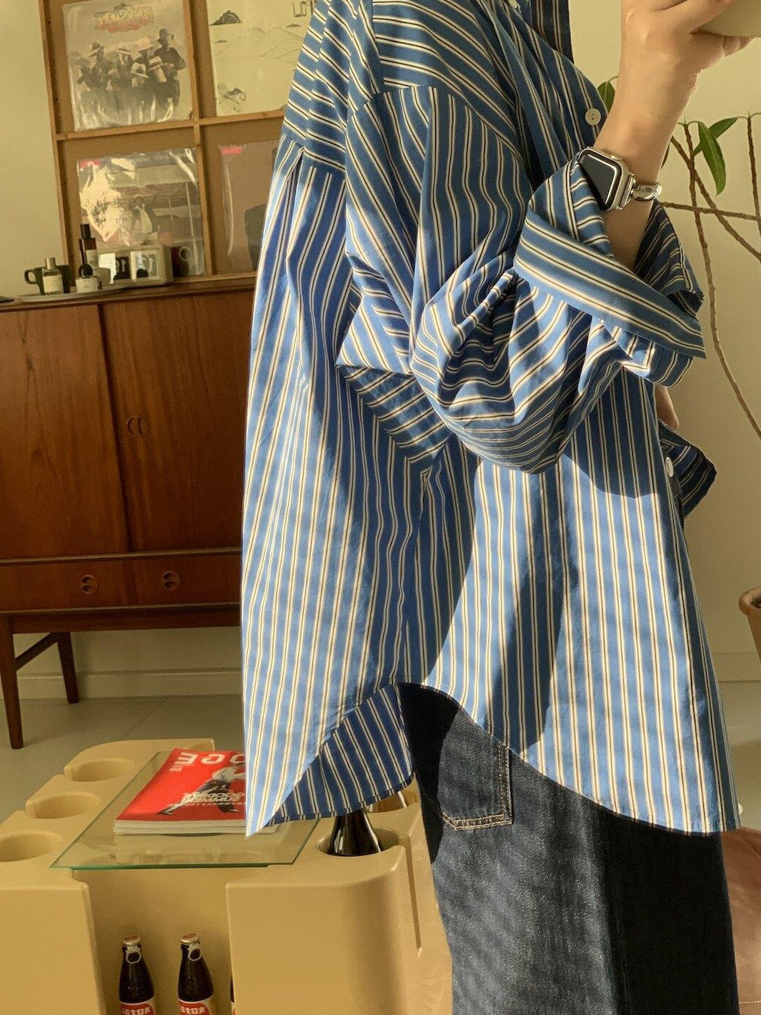 Miroment Soft Cotton Casual Loose Drop Shoulder Long Sleeve Women Durable Striped Shirt