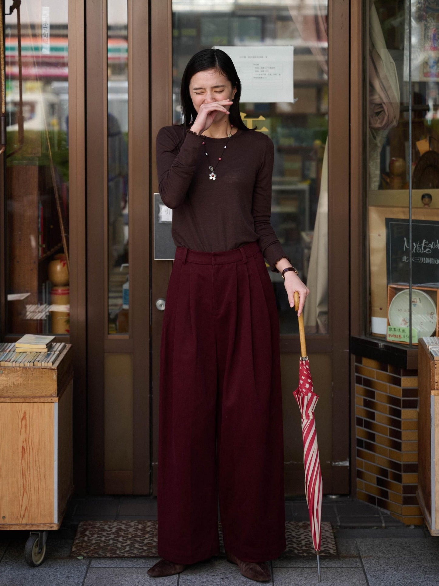 Miroment High Waist Straight Leg Regular And Long Versatile White Angora Red Casual Pants